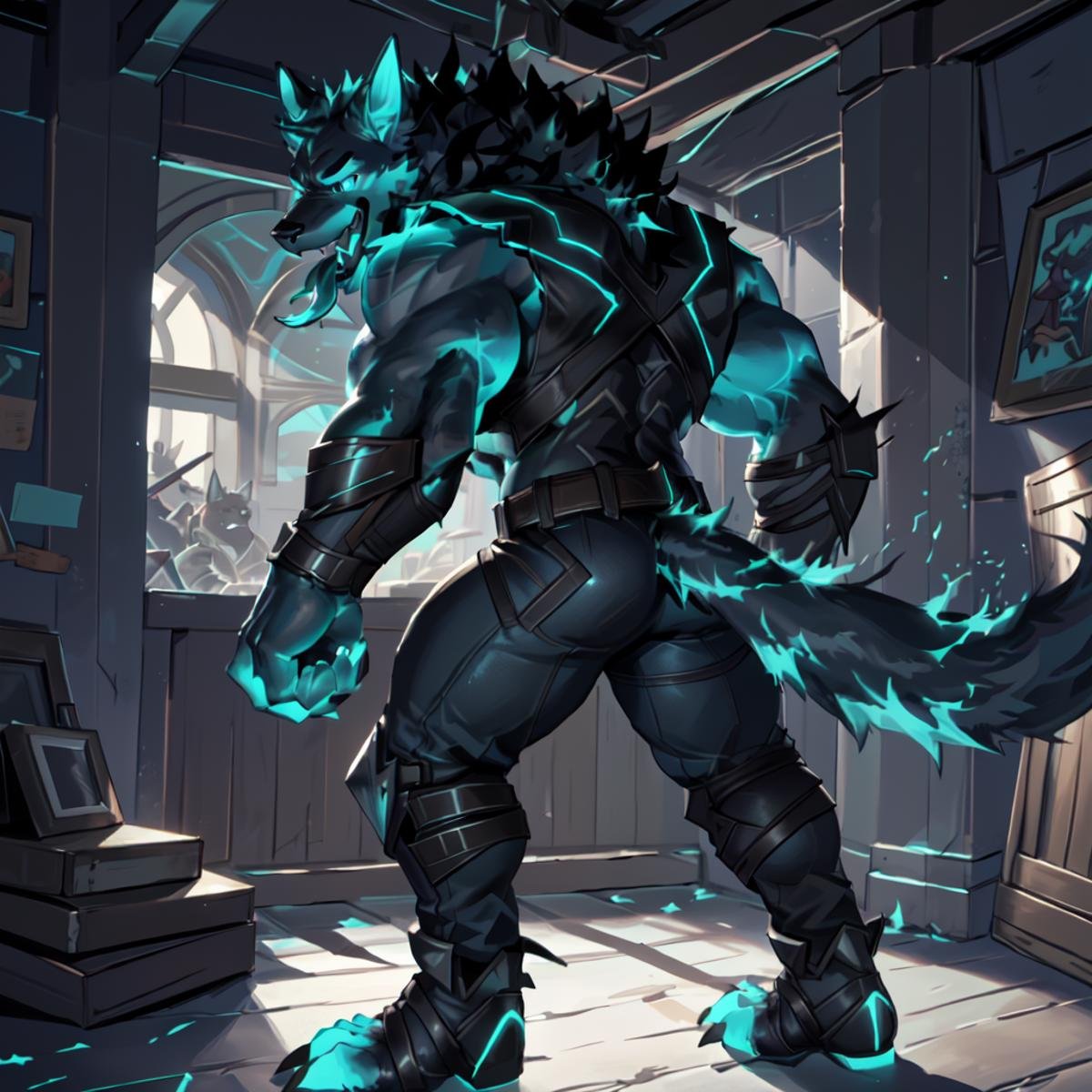 <lora:Cerberus_Fortnite:0.8>,Cerberus-fortnite, explict content, by (darkgem), (muscle:1.0), male, anthro, solo, panther , looking pleasured, detailed realistic painting, glowing tongue out, extremly detailed, very dark, HDR, (stand up straight), (full body), (beautiful eyes detail), back view