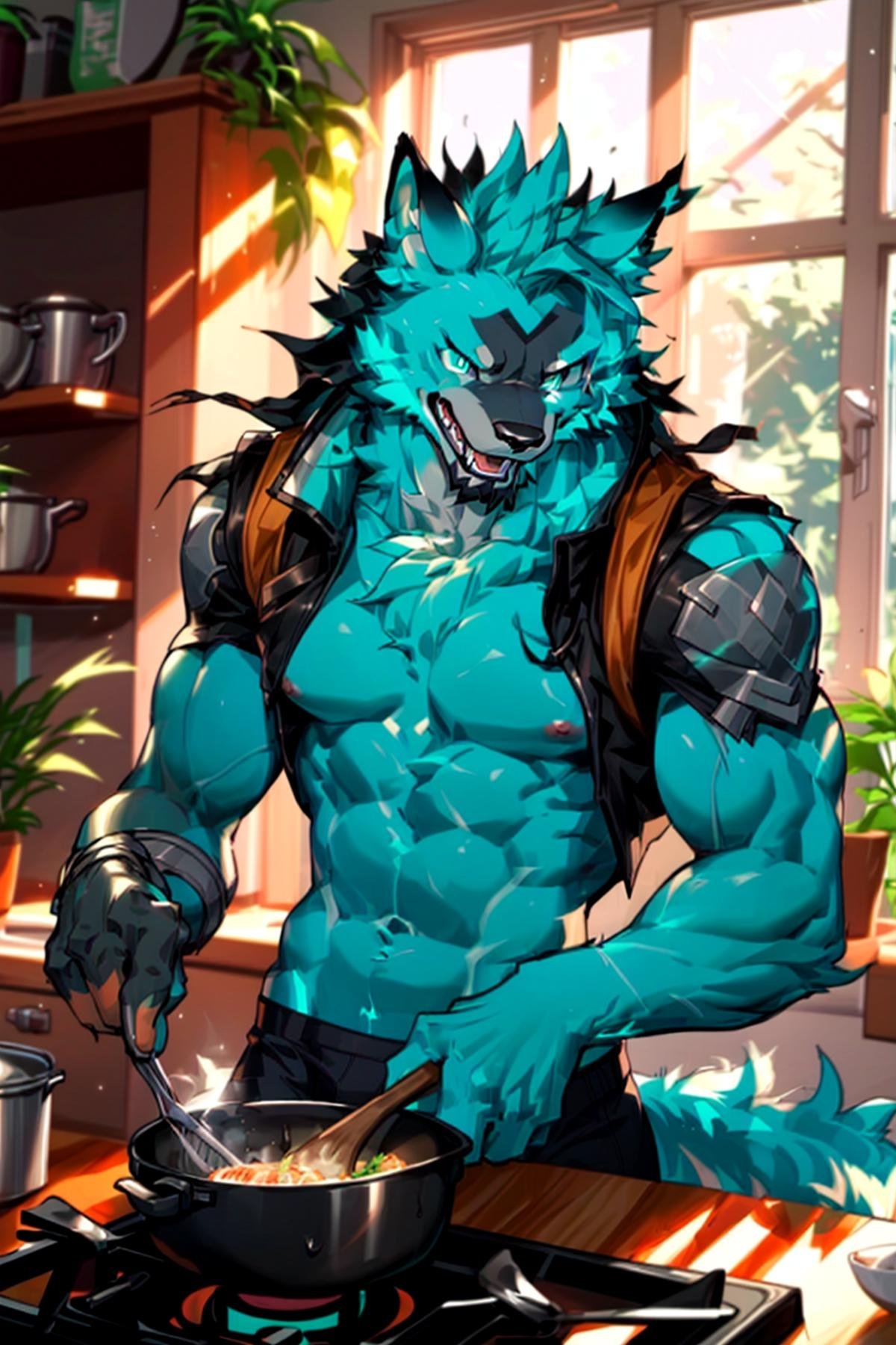 <lora:Cerberus_Fortnite:0.8>,Cerberus-fortnite,by zixiong, by milkytiger1145,best quality, masterpiece, bright teal eyesinside, kitchen, window, sunlight, plants, nipplesolo, solo focus, male, male focus,(briefs only), cooking,  <lora:nj5furry-v2:0.8> nj5furry, (detail fur), <lora:add_detail:0.8>