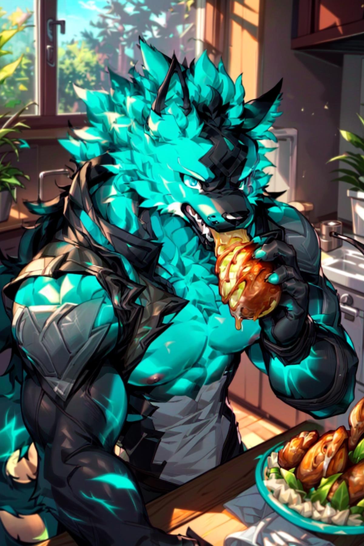 <lora:Cerberus_Fortnite:1>,Cerberus-fortnite,by zixiong, by milkytiger1145,best quality, masterpiece, bright teal eyesinside, kitchen, window, sunlight, plants, nipplesolo, solo focus, male, male focus,(white briefs only), food, eating,  <lora:nj5furry-v2:0.8> nj5furry, (detail fur), <lora:add_detail:0.8>