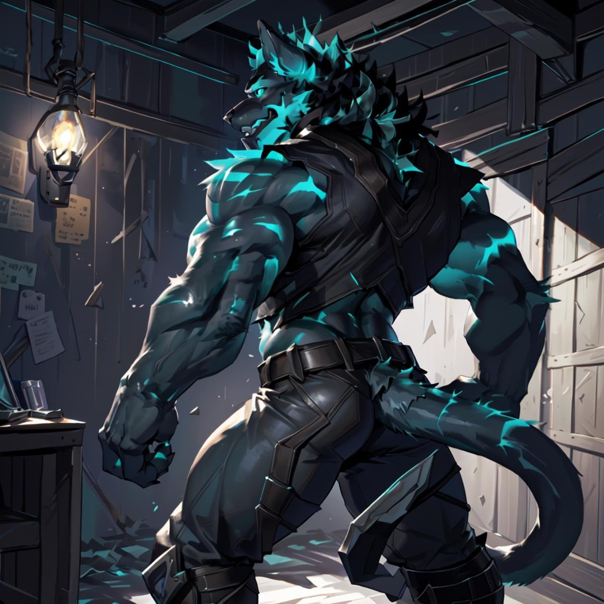 <lora:Cerberus_Fortnite:0.8>,Cerberus-fortnite, explict content, by (darkgem), (muscle:1.0), male, anthro, solo, panther , looking pleasured, detailed realistic painting, glowing tongue out, extremly detailed, very dark, HDR, (stand up straight), (full body), (beautiful eyes detail), back view