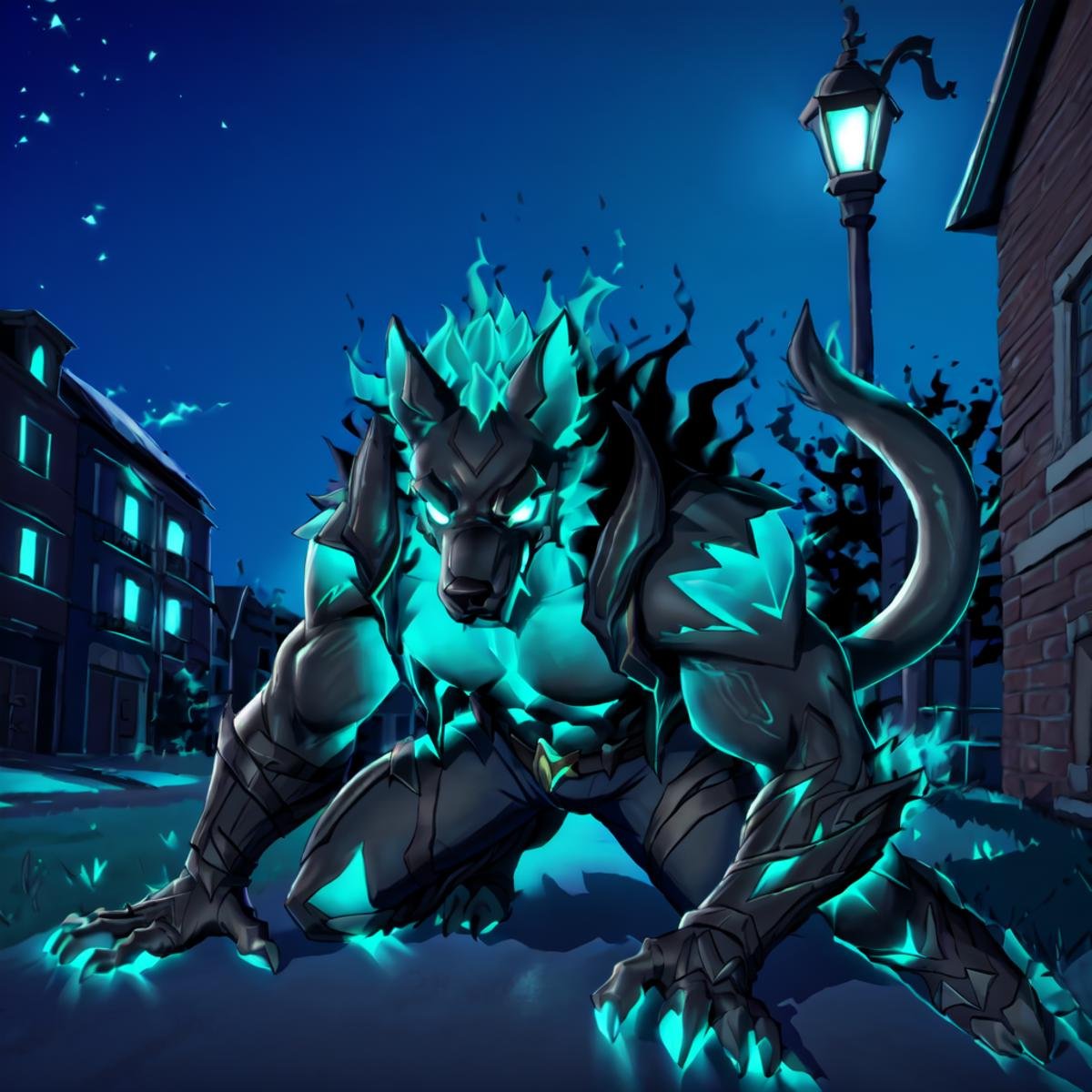 <lora:Cerberus_Fortnite (1):1>,cerberus-fortnite, outside, streetlight, 1boy, one head, stars, all four on the ground