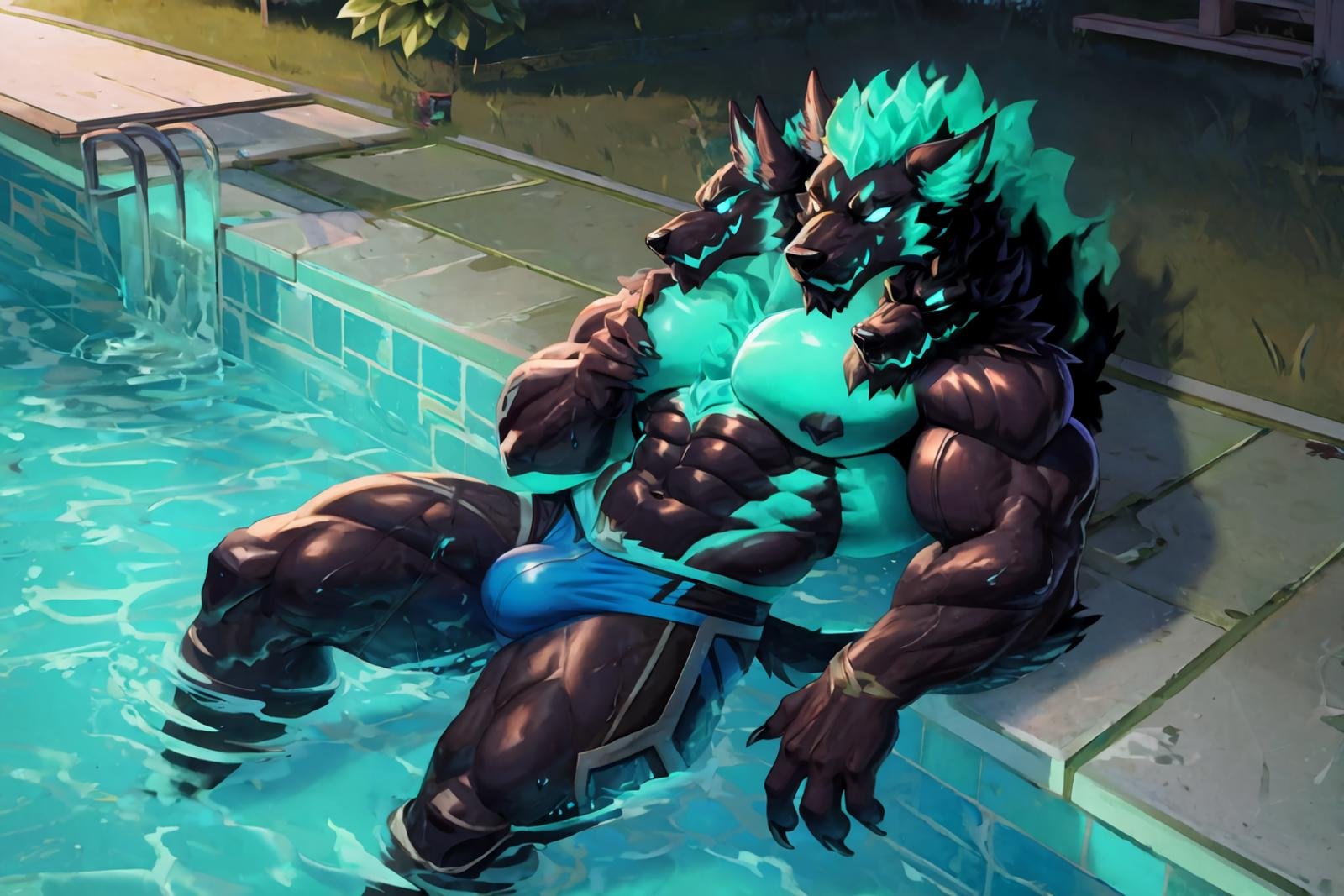 <lora:Cerberus_Fortnite_V2:1.2>, (high quality, highres, masterpiece), solo, (Cerberus (Fortnite)), claws, fur, glowing, glowing body, blue hair, detailed background, muscular, solo, splash in the pool, swimming suit, bulge