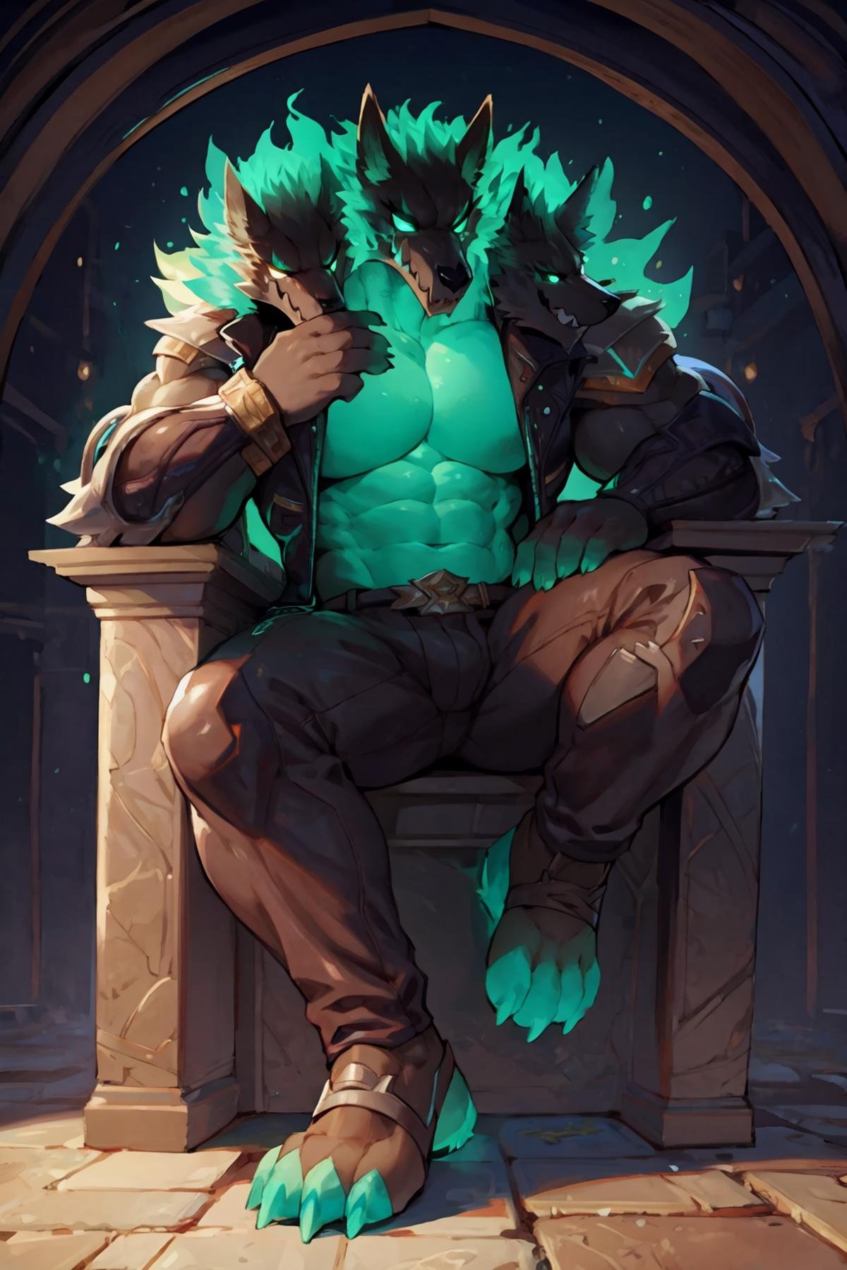 <lora:Cerberus_Fortnite_V2:1>,(high quality, highres, masterpiece), Cerberus (Fortnite), anthro,(male),3 heads,ears,solo,looking at viewer,,(skull head),skull,green claws,sitting on bone throne,sitting,low-angle_view ,(hand on chin),hand on leg,((black face)),(((5 fingers))),abs,((glowing eyes,empty_eyes ,))green eyes,upper body,(glowing body,green body),black tail,((tail)),(trousers),,leather jacket,open jacket,leg armor,(by taetae),by agitype01,by bebebebebe,by takemoto arashi,by null-ghost,by chung0 0,shadow,detailed background,dark background,throne room, dungeon, guardian