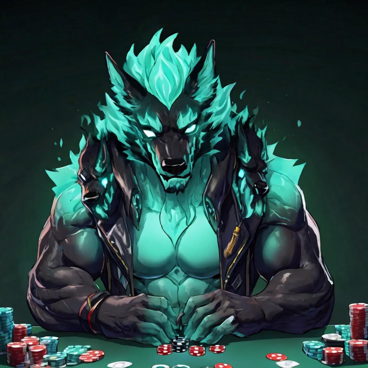 Cerberus (Fortnite), <lora:Cerberus_Fortnite_V2:1.2>, anthro,male,solo, playing poker, smoking, flaming hair,fur,glowing,glowing body,