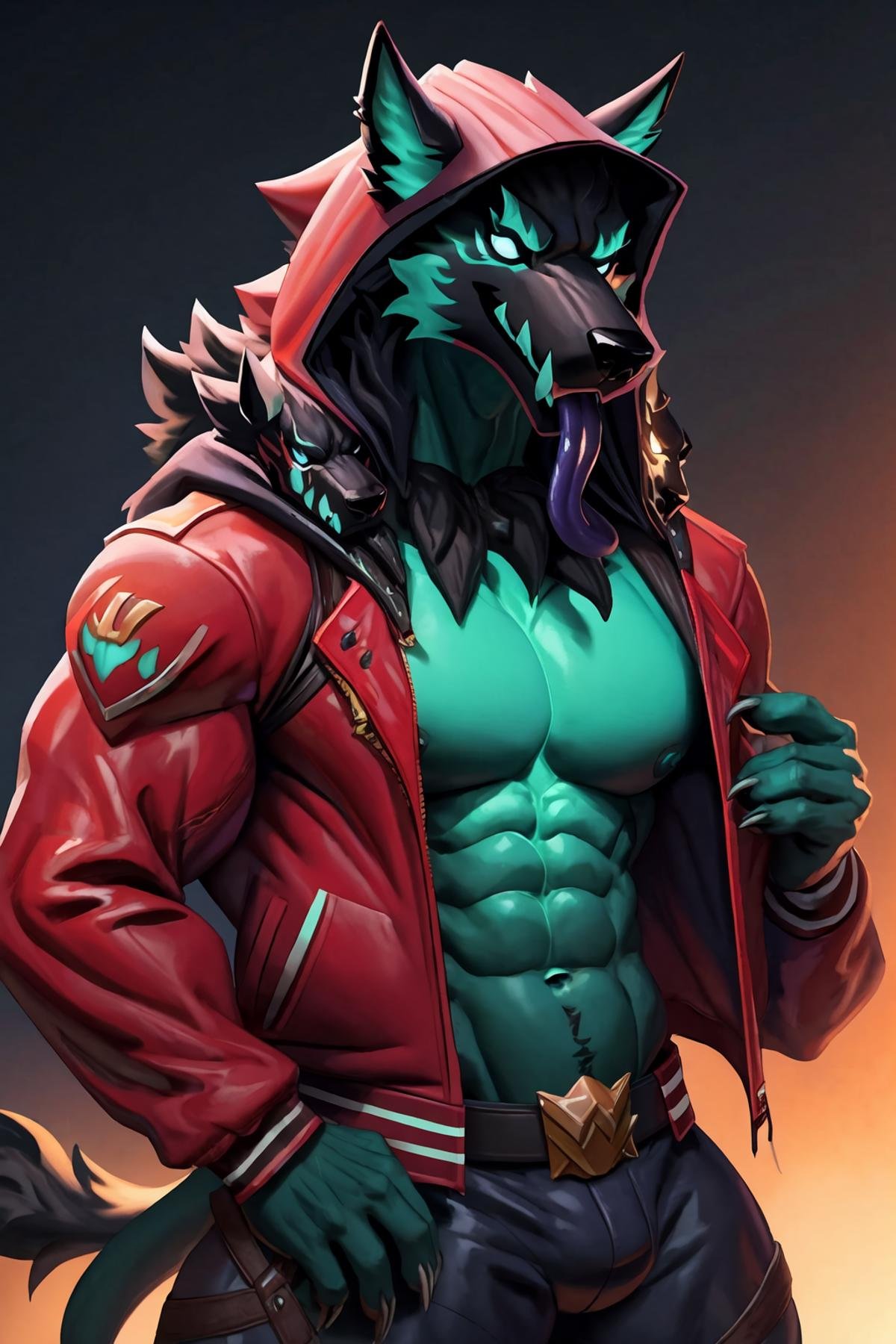 <lora:Cerberus_Fortnite_V2:1>,(high quality, highres, masterpiece), (Cerberus (Fortnite)), abs, anthro, barazoku, black body, claws, flaming mane, green skin, long tongue, male, muscular anthro, muscular male,dramatic lighting, highly detailed, hyper realistic, octane render, soft lighting, (red jacket with hood:1.8)