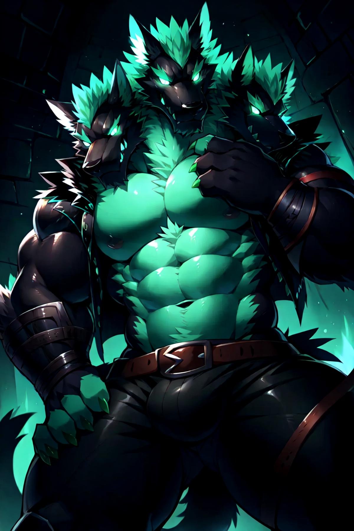 <lora:Cerberus_Fortnite_V2:1> Cerberus (Fortnite), anthro,(male),3 heads,ears,solo,looking at viewer,skull,green claws,low-angle_view ,(hand on chin),((black face)),abs,((glowing eyes,empty_eyes ))green eyes,upper body,(glowing body,green body),black tail,((tail)),(trousers),leather jacket,open jacket,leg armor,(by taetae),by takemoto arashi,by null-ghost,by chung0 0,shadow,detailed background,dark background, dungeon, detailed background, 8k had,