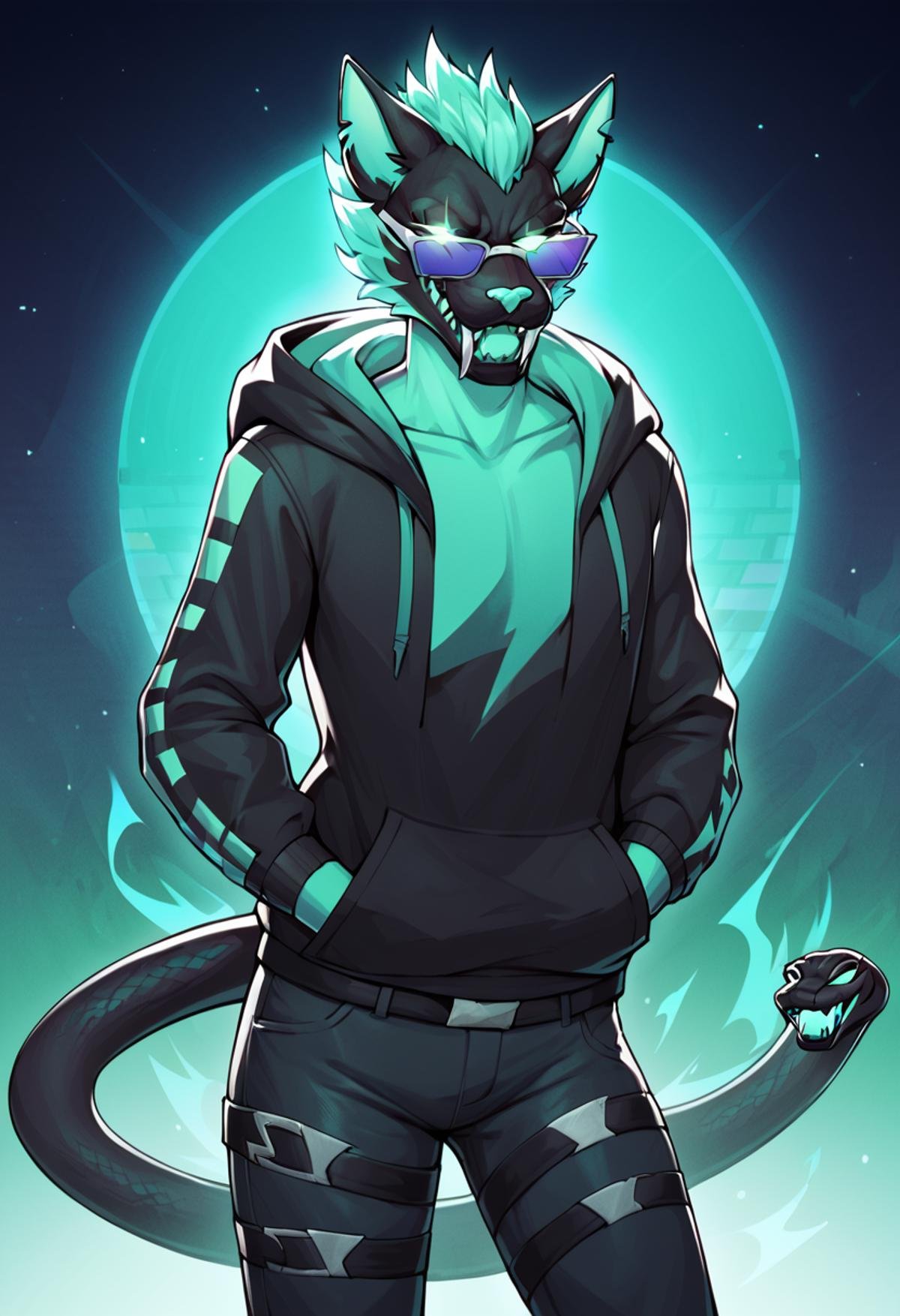 cerberus (fortnite), rating_safe, <lora:Cerberus_Fortnite_Pony:0.8>, Green body, Green Eyes,Glowing Eyes,Fangs,Claws,tail,snake tail,(black hoodie),black pant,low light, dramatic lighting, darkness, spotlight, neon, glow, rainbow syntwave, vaporwave, scanlines, dark background,iconic sunglasses, cool,, score_9, score_8_up, score_7_up, score_6_up, score_5_up, score_4_up