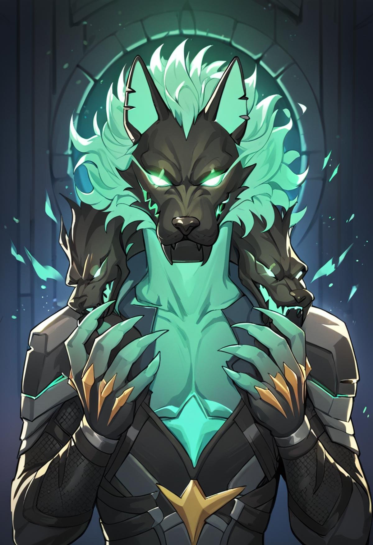 portrait of cerberus (fortnite), rating_safe, <lora:Cerberus_Fortnite_Pony:0.9>, Green body, Green Eyes,Glowing Eyes,Claws,tail,snake tail, dark interior, particles, castle scene,  cel shading, linear hatching,, score_9, score_8_up, score_7_up, score_6_up, score_5_up, score_4_up