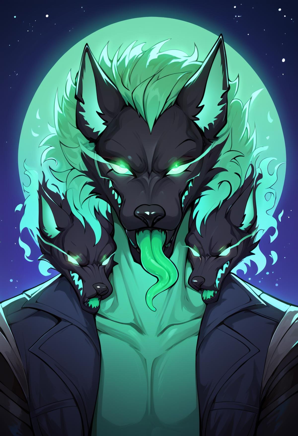 portrait of cerberus (fortnite), rating_safe, <lora:Cerberus_Fortnite_Pony:0.9>, Green body, Green Eyes,Glowing Eyes, male, (multi head), tongue out, green tonguepurple tshirt,glowing frame, backlight colors, silhouette colors, cosmic frame, silhouette, backlighting, vibrant, magical night sky, illustration, soft, beautiful,, score_9, score_8_up, score_7_up, score_6_up, score_5_up, score_4_up