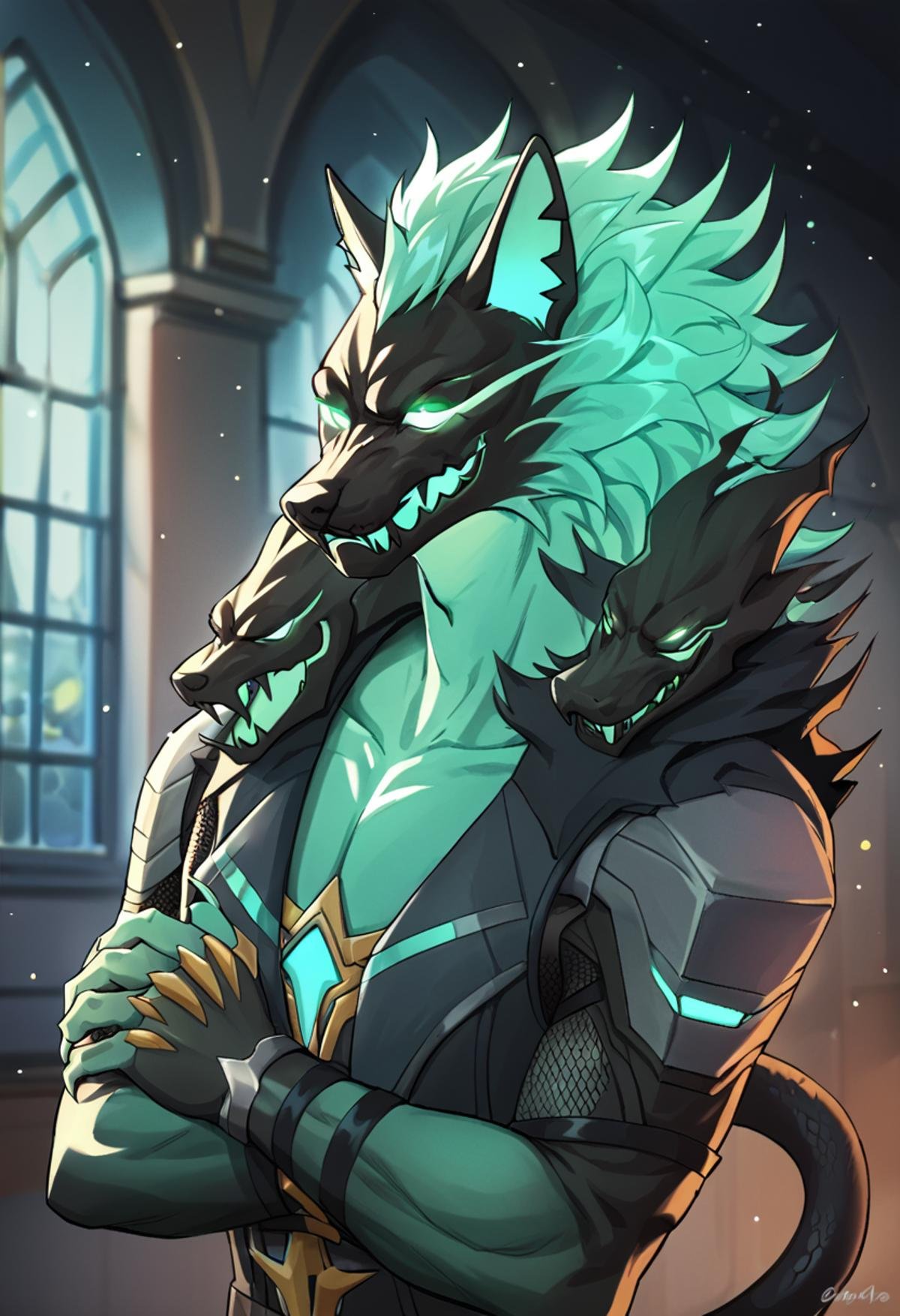 portrait of cerberus (fortnite), rating_safe, <lora:Cerberus_Fortnite_Pony:0.9>, Green body, Green Eyes,Glowing Eyes,Claws,tail,snake tail, dark interior, particles, castle scene,  cel shading, linear hatching,, score_9, score_8_up, score_7_up, score_6_up, score_5_up, score_4_up