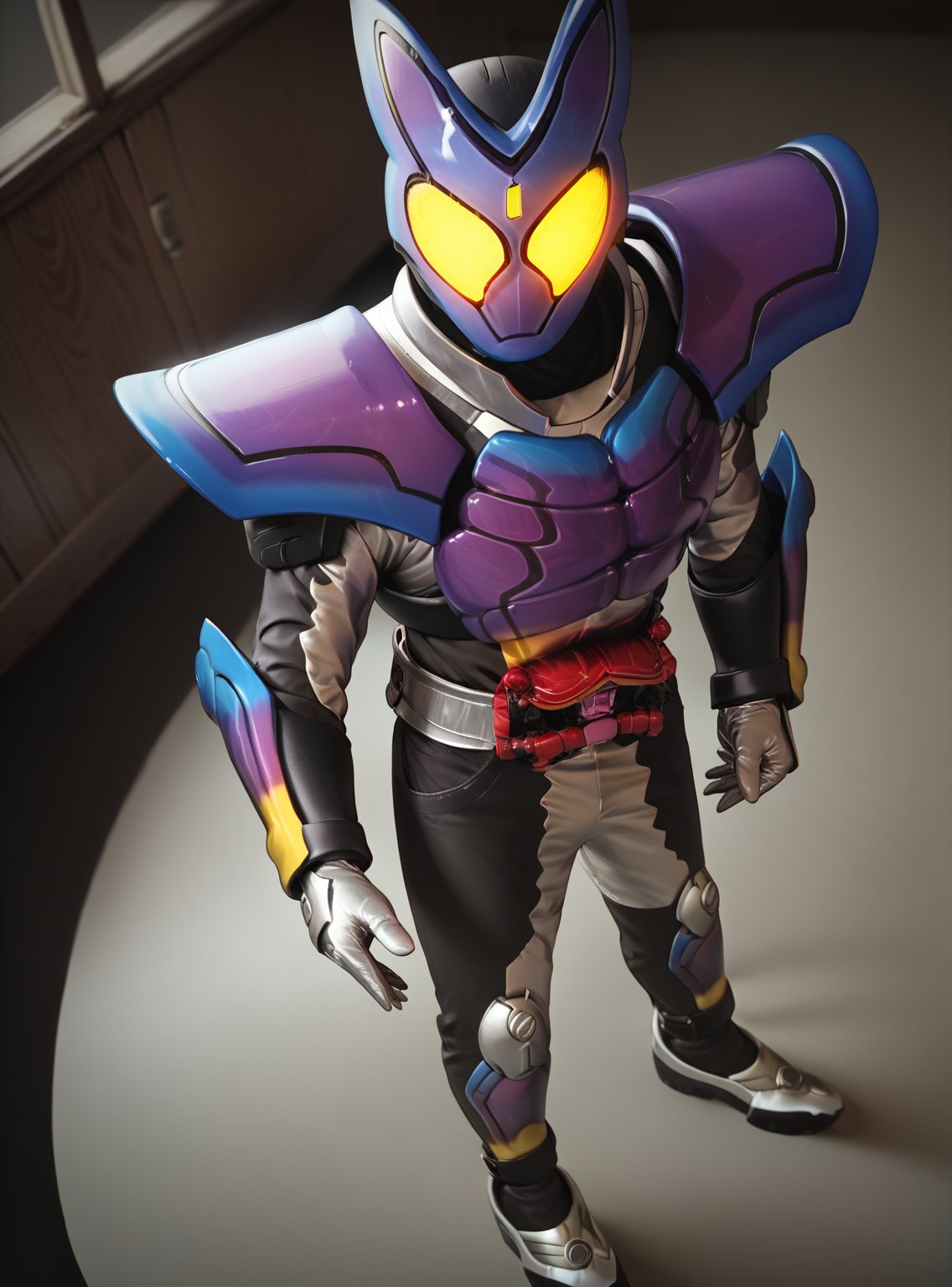 score_9, score_8_up, score_7_up, score_6_up, score_5_up, score_4_up, realistic, 1boy, kamenridergavv, tokusatsu, purple armor, helmet, rider belt, yellow eyes, glowing eyes, dark room, high angle