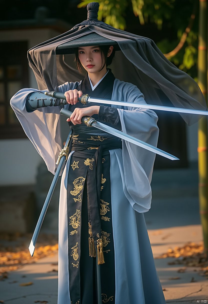 wuman,She is dressed in traditional East Asian attire, blending harmoniously with the surrounding natural environment. Her light blue robe flows like water, and a black sash embroidered with golden cloud patterns is wrapped around her waist, emanating an aura of elegance and valor. The fabric captures the dappled light that filters through the bamboo canopy as she moves.

A samurai dressed in a black kimono stands before an ancient structure. Intricate patterns adorn her kimono, and she wields two long swords with their tips pointing downward, showcasing her exceptional martial skills. A black bamboo hat sits atop the samurai's head. Holding two gleaming ancient swords, the hilts are inlaid with dazzling gems, hinting at their extraordinary origins. The surrounding bamboo whispers and creaks in the wind, as if to accompany her every movement with a natural symphony.
