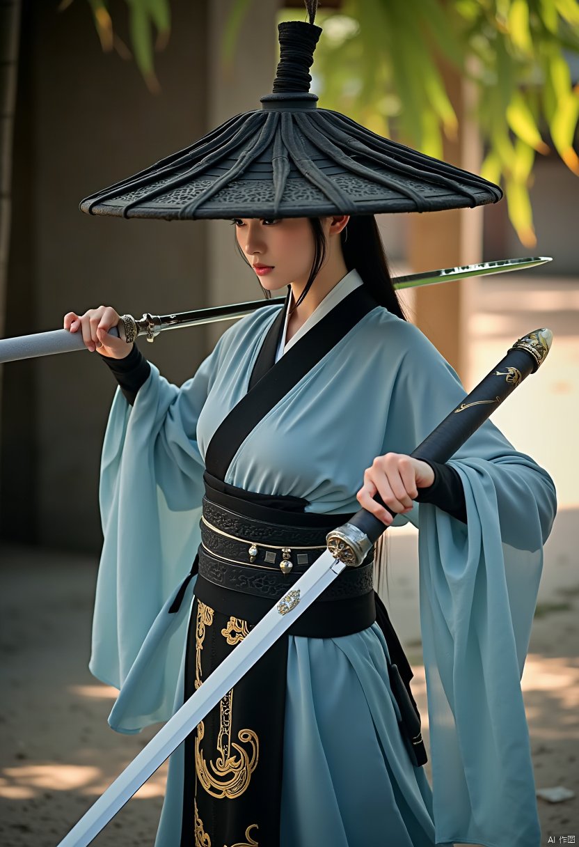 wuman,She is dressed in traditional East Asian attire, blending harmoniously with the surrounding natural environment. Her light blue robe flows like water, and a black sash embroidered with golden cloud patterns is wrapped around her waist, emanating an aura of elegance and valor. The fabric captures the dappled light that filters through the bamboo canopy as she moves.

A samurai dressed in a black kimono stands before an ancient structure. Intricate patterns adorn her kimono, and she wields two long swords with their tips pointing downward, showcasing her exceptional martial skills. A black bamboo hat sits atop the samurai's head. Holding two gleaming ancient swords, the hilts are inlaid with dazzling gems, hinting at their extraordinary origins. The surrounding bamboo whispers and creaks in the wind, as if to accompany her every movement with a natural symphony.
