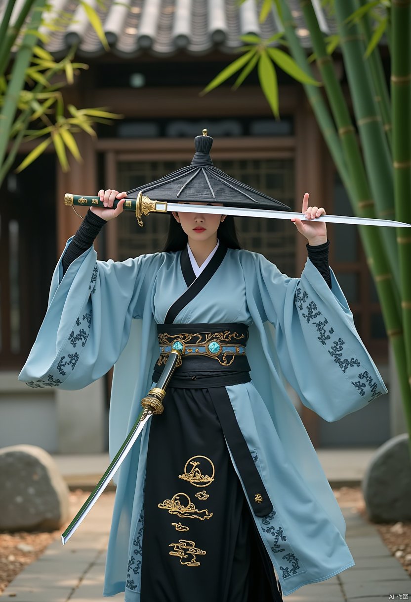 wuman,She is dressed in traditional East Asian attire, blending harmoniously with the surrounding natural environment. Her light blue robe flows like water, and a black sash embroidered with golden cloud patterns is wrapped around her waist, emanating an aura of elegance and valor. The fabric captures the dappled light that filters through the bamboo canopy as she moves.

A samurai dressed in a black kimono stands before an ancient structure. Intricate patterns adorn her kimono, and she wields two long swords with their tips pointing downward, showcasing her exceptional martial skills. A black bamboo hat sits atop the samurai's head. Holding two gleaming ancient swords, the hilts are inlaid with dazzling gems, hinting at their extraordinary origins. The surrounding bamboo whispers and creaks in the wind, as if to accompany her every movement with a natural symphony.
