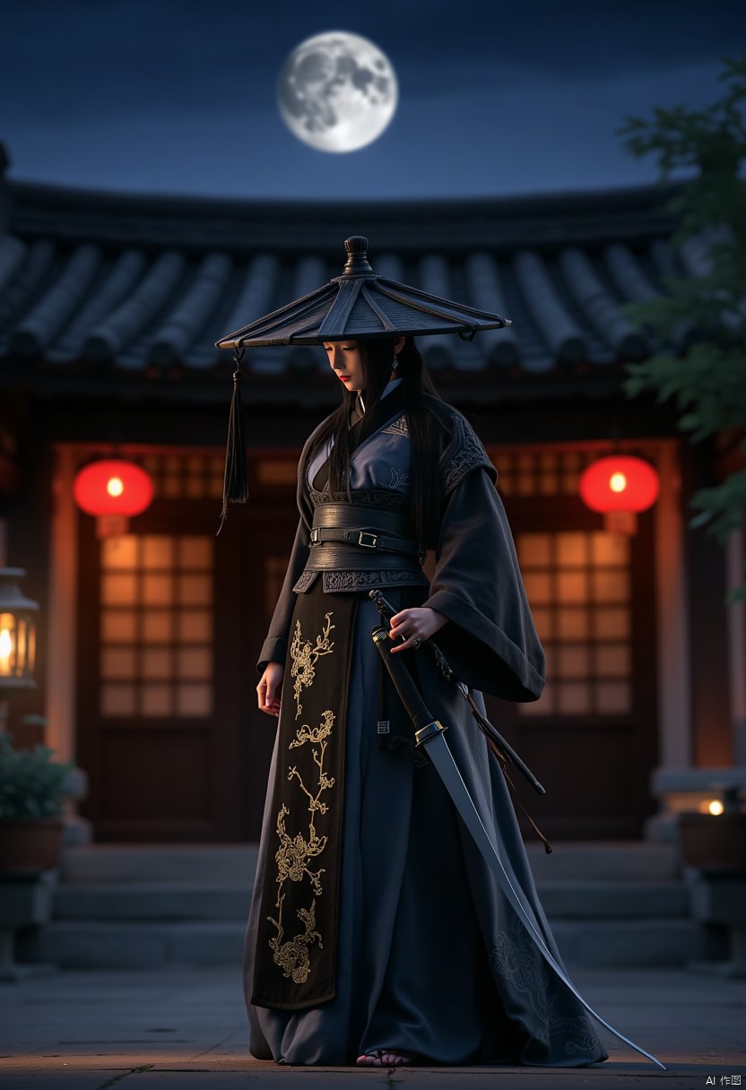 wuman,A chivalrous figure dressed in a black robe stands before a quaint, antique-style building, adorned in traditional East Asian attire. Her kimono is embellished with intricate patterns, and she stands with a side profile. With her head bowed, the warrior dons a black bamboo hat that obscures her face, blending seamlessly with the surrounding natural environment. Her light blue robe flows like water, and a black sash embroidered with golden cloud patterns is tied around her waist, exuding an aura of elegance and heroism. A short sword in its scabbard hangs from her waist. Beside her, a fine long sword stands upright, seemingly floating. At night, under the full moon, the building is adorned with red lanterns.
