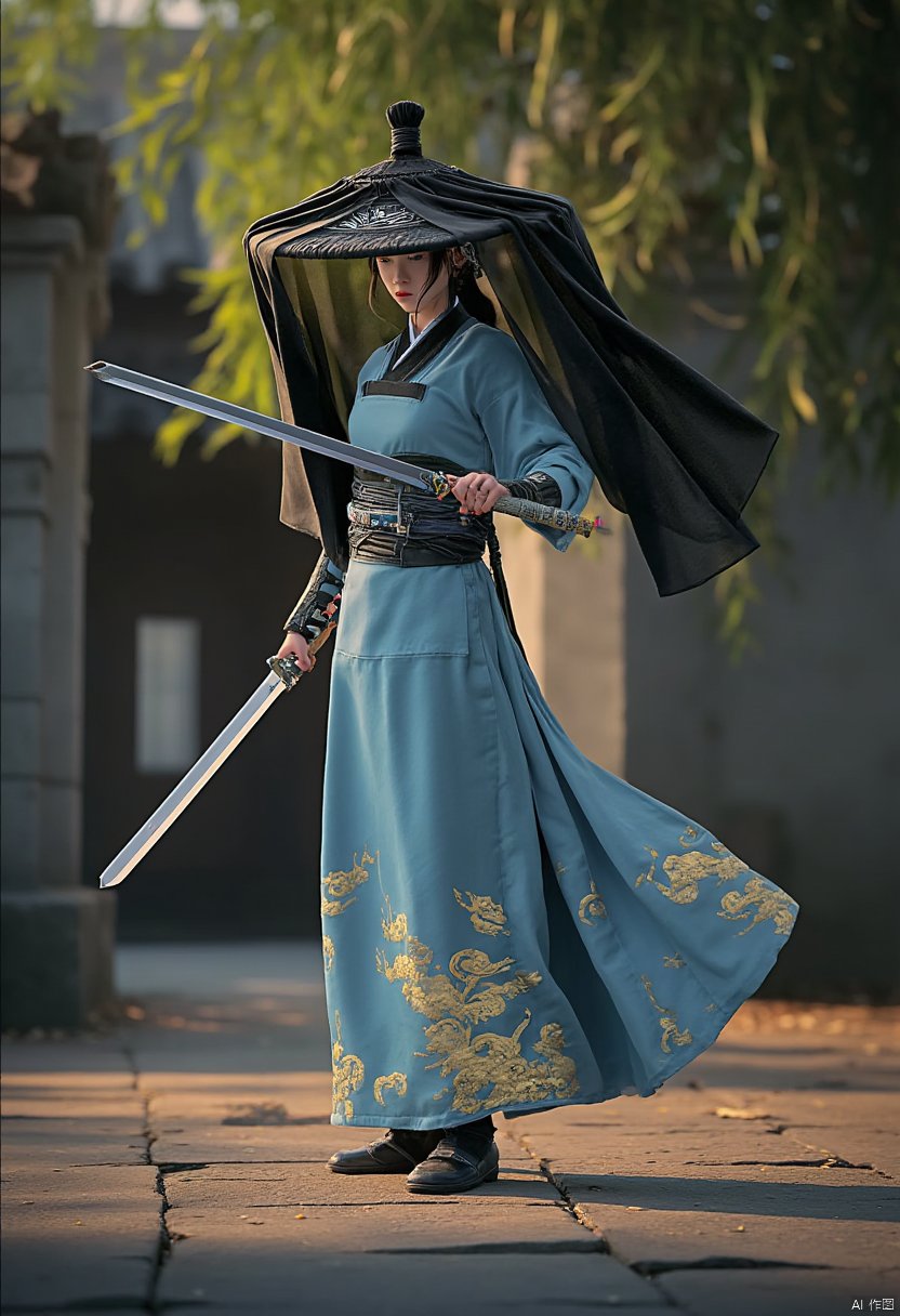 wuman,She is dressed in traditional East Asian attire, blending seamlessly with the surrounding natural environment. Her light blue robe flows like water, and a black sash embroidered with golden cloud patterns is tied around her waist, exuding an air of elegance and heroism. The fabric catches the mottled light that filters through the bamboo canopy as she moves.

A samurai dressed in black stands in front of an ancient building. The samurai's kimono is adorned with intricate patterns, and he holds two long swords with their tips pointing downward, demonstrating his exceptional martial prowess. A black bamboo hat on the samurai's head covers part of his face, adding an air of mystery. The ancient Chinese female swordsman wields a gleaming ancient sword, its hilt inlaid with dazzling gems that hint at an extraordinary origin. The surrounding bamboo whispers and creaks in the wind, as if accompanying her every move with a natural symphony.
