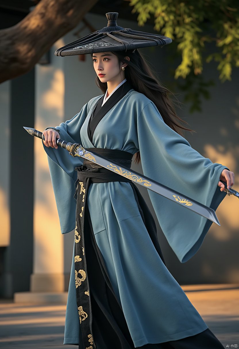 wuman,She is dressed in traditional East Asian attire, blending harmoniously with the surrounding natural environment. Her light blue robe flows like water, and a black sash embroidered with golden cloud patterns is wrapped around her waist, emanating an aura of elegance and valor. The fabric captures the dappled light that filters through the bamboo canopy as she moves.

A samurai dressed in a black kimono stands before an ancient structure. Intricate patterns adorn her kimono, and she wields two long swords with their tips pointing downward, showcasing her exceptional martial skills. A black bamboo hat sits atop the samurai's head. Holding two gleaming ancient swords, the hilts are inlaid with dazzling gems, hinting at their extraordinary origins. The surrounding bamboo whispers and creaks in the wind, as if to accompany her every movement with a natural symphony.
