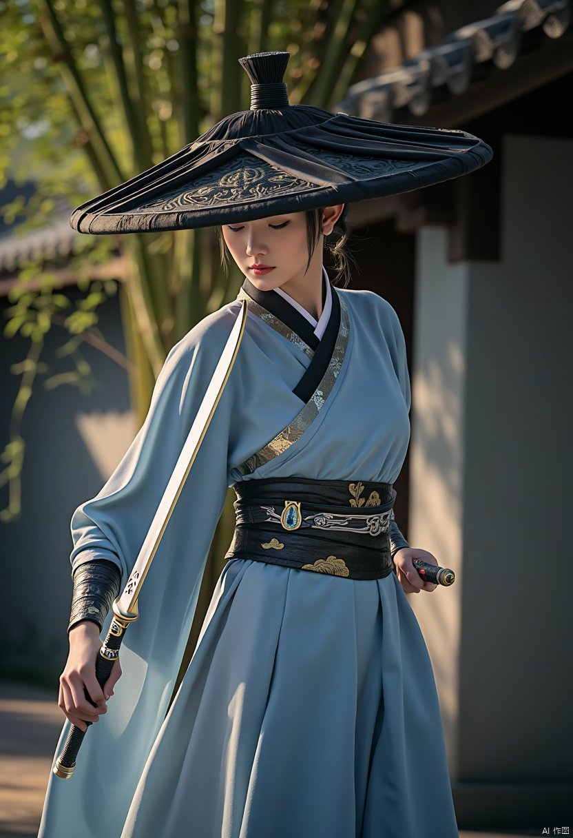 wuman,She is dressed in traditional East Asian attire, blending harmoniously with the surrounding natural environment. Her light blue robe flows like water, and a black sash embroidered with golden cloud patterns is wrapped around her waist, emanating an aura of elegance and valor. The fabric captures the dappled light that filters through the bamboo canopy as she moves.

A samurai dressed in a black kimono stands before an ancient structure. Intricate patterns adorn her kimono, and she wields two long swords with their tips pointing downward, showcasing her exceptional martial skills. A black bamboo hat sits atop the samurai's head. Holding two gleaming ancient swords, the hilts are inlaid with dazzling gems, hinting at their extraordinary origins. The surrounding bamboo whispers and creaks in the wind, as if to accompany her every movement with a natural symphony.
