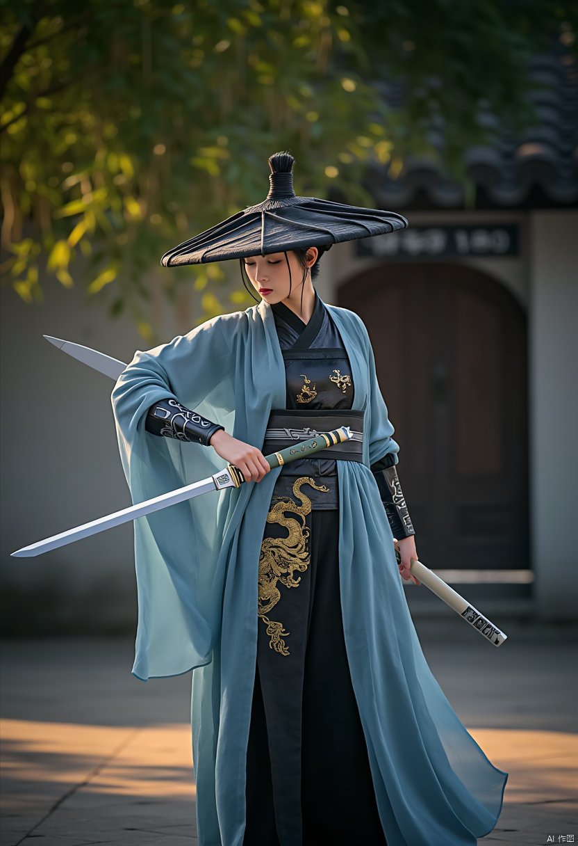 wuman,She is dressed in traditional East Asian attire, blending harmoniously with the surrounding natural environment. Her light blue robe flows like water, and a black sash embroidered with golden cloud patterns is wrapped around her waist, emanating an aura of elegance and valor. The fabric captures the dappled light that filters through the bamboo canopy as she moves.

A samurai dressed in a black kimono stands before an ancient structure. Intricate patterns adorn her kimono, and she wields two long swords with their tips pointing downward, showcasing her exceptional martial skills. A black bamboo hat sits atop the samurai's head. Holding two gleaming ancient swords, the hilts are inlaid with dazzling gems, hinting at their extraordinary origins. The surrounding bamboo whispers and creaks in the wind, as if to accompany her every movement with a natural symphony.
