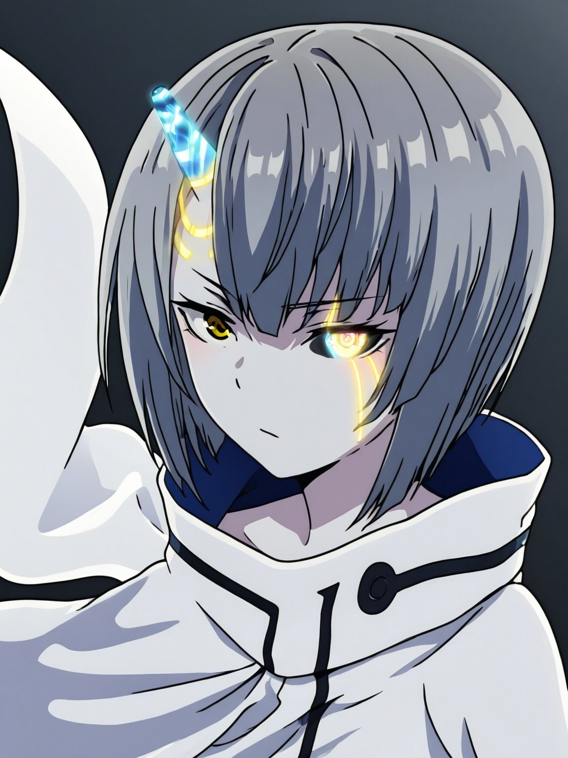 best quality, 8k, 8k UHD, ultra-high resolution, ultra-high definition, highres
,//Character, 
1girl, solo
,//Fashion, 
,//Background, 
,//Others, ,Expressiveh,
Ataru, short hair, grey hair, yellow eyes, heterochromia, glowing, single horn, white cape