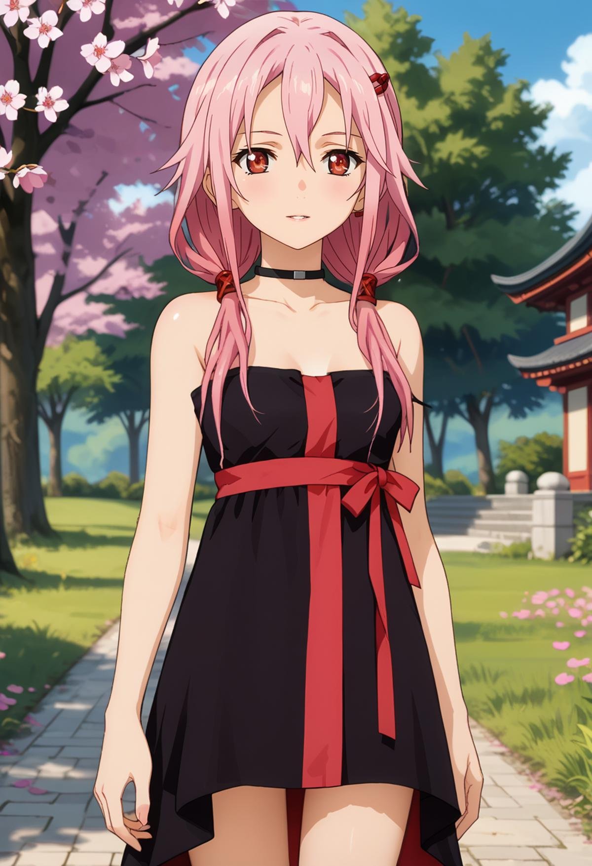 score_7_up, anime screencap,<lora:GuiltyCrown_YuzurihaInoriXL:0.9>,1girl, parted lips, light smile,long hair, pink hair, low twintails, hair between eyes, red eyes, hair ornament, hairclip,InoriDress, bare shoulders,black dress, black choker, red ribbon,standing, looking at viewer, thigh gap, blurry background,outdoors, blue sky, cherry blossoms