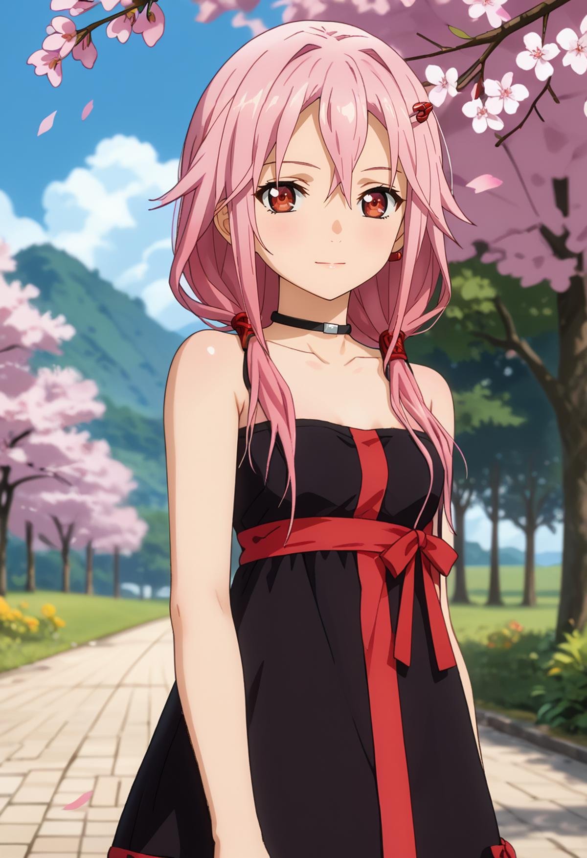 score_7_up, anime screencap,<lora:GuiltyCrown_YuzurihaInoriXL:0.9>,1girl, closed mouth, light smile,long hair, pink hair, low twintails, hair between eyes, red eyes, hair ornament, hairclip,InoriDress, bare shoulders, black dress, black choker, underbust, red ribbon,standing, looking at viewer, thigh gap, blurry background,outdoors, blue sky, cherry blossoms