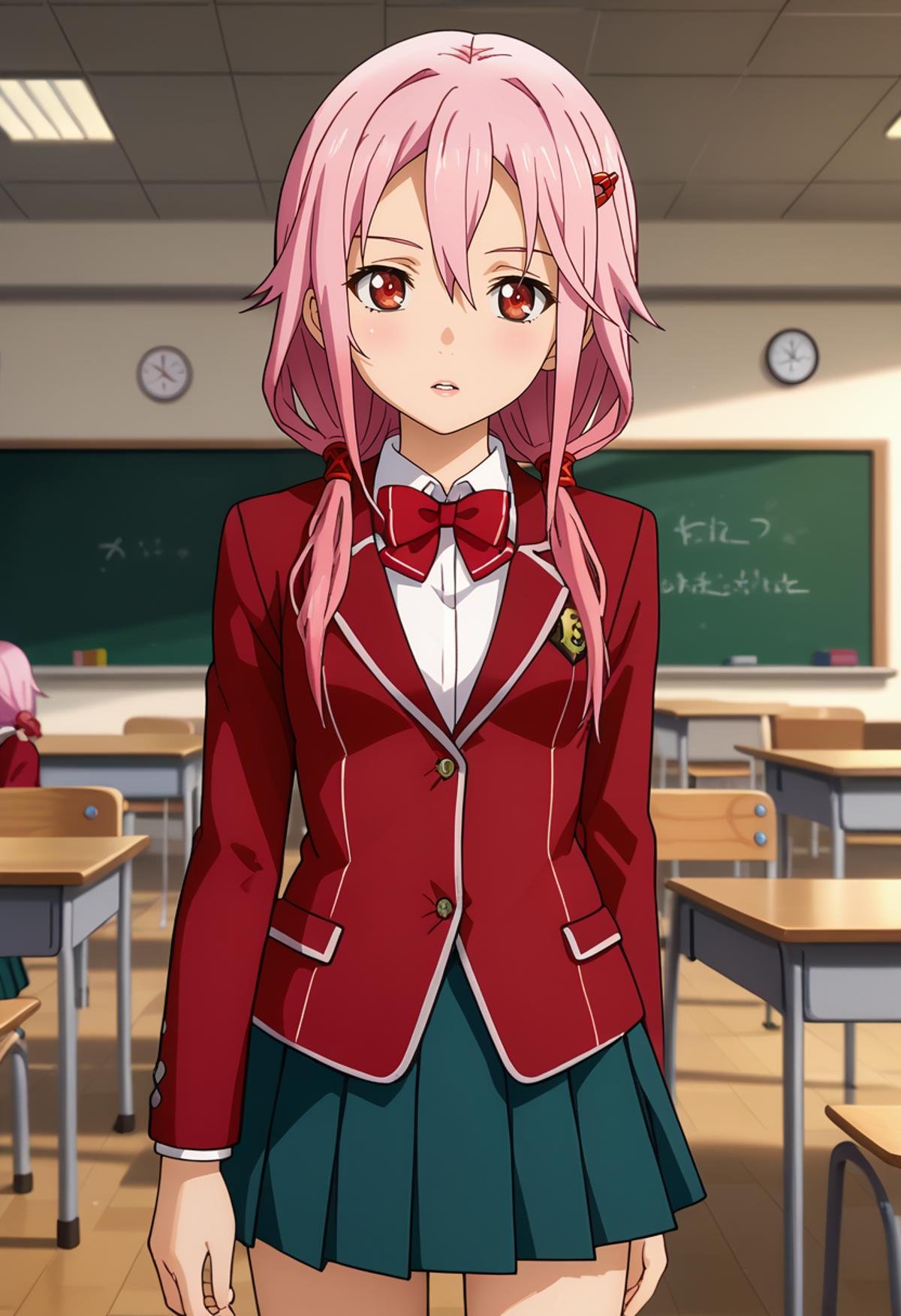 score_7_up, anime screencap,<lora:GuiltyCrown_YuzurihaInoriXL:0.9>,1girl, parted lips, head tilt,long hair, pink hair, low twintails, hair between eyes, red eyes, hair ornament, hairclip,InoriSchool, blazer, red jacket, red bowtie, pleated skirt, green skirt,standing, looking at viewer, cowboy shot,blurry background, classroom