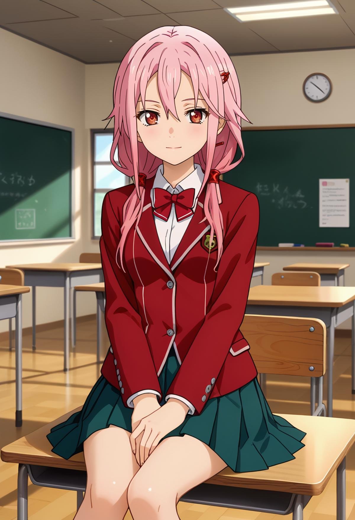 score_7_up, anime screencap,<lora:GuiltyCrown_YuzurihaInoriXL:0.9>,1girl, closed mouth, light smile,long hair, pink hair, low twintails, hair between eyes, red eyes, hair ornament, hairclip,InoriSchool, blazer, red jacket, red bowtie, pleated skirt, green skirt,sitting, looking at viewer,blurry background, indoors, classroom