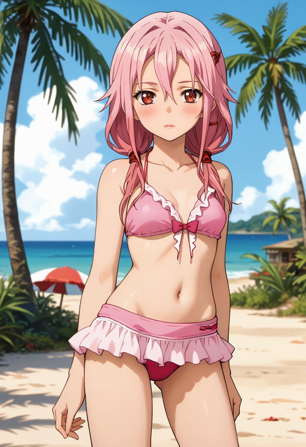 score_7_up, anime screencap,<lora:GuiltyCrown_YuzurihaInoriXL:0.9>,1girl, closed mouth, lips, blush,long hair, pink hair, low twintails, hair between eyes, red eyes, hair ornament, hairclip,InoriBikini, small breasts, frilled bikini, bow bikini, pink bikini, bow skirt,standing, looking at viewer, thigh gap,blurry background, horizon, beach, palm tree