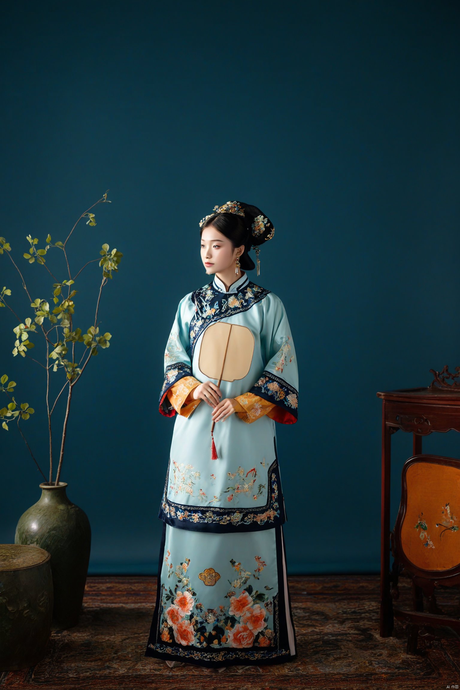 1girl
traditional Chinese attire
Qing dynasty
woman in elaborate Hanfu
intricate floral embroidery
elaborate hair ornaments
holding a round fan
serene expression
dark blue background
soft lighting
elegant and poised
cultural heritage
historical ambiance.
