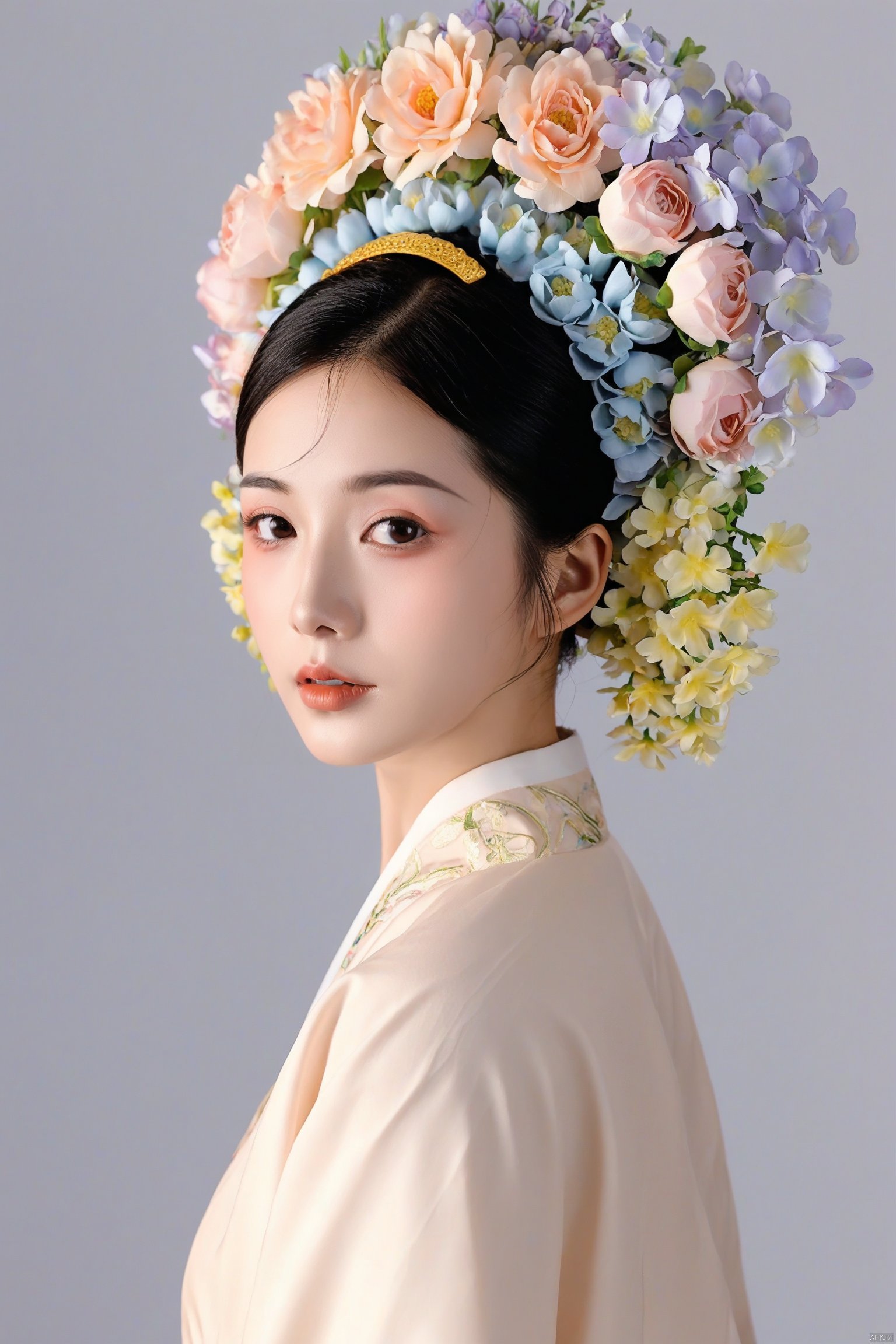 1girl
young woman in traditional Chinese hanfu
Hairpin flower
intricate floral hair ornaments
delicate makeup
serene expression
soft lighting
pastel colors
elegant and poised
cultural heritage
historical ambiance.
