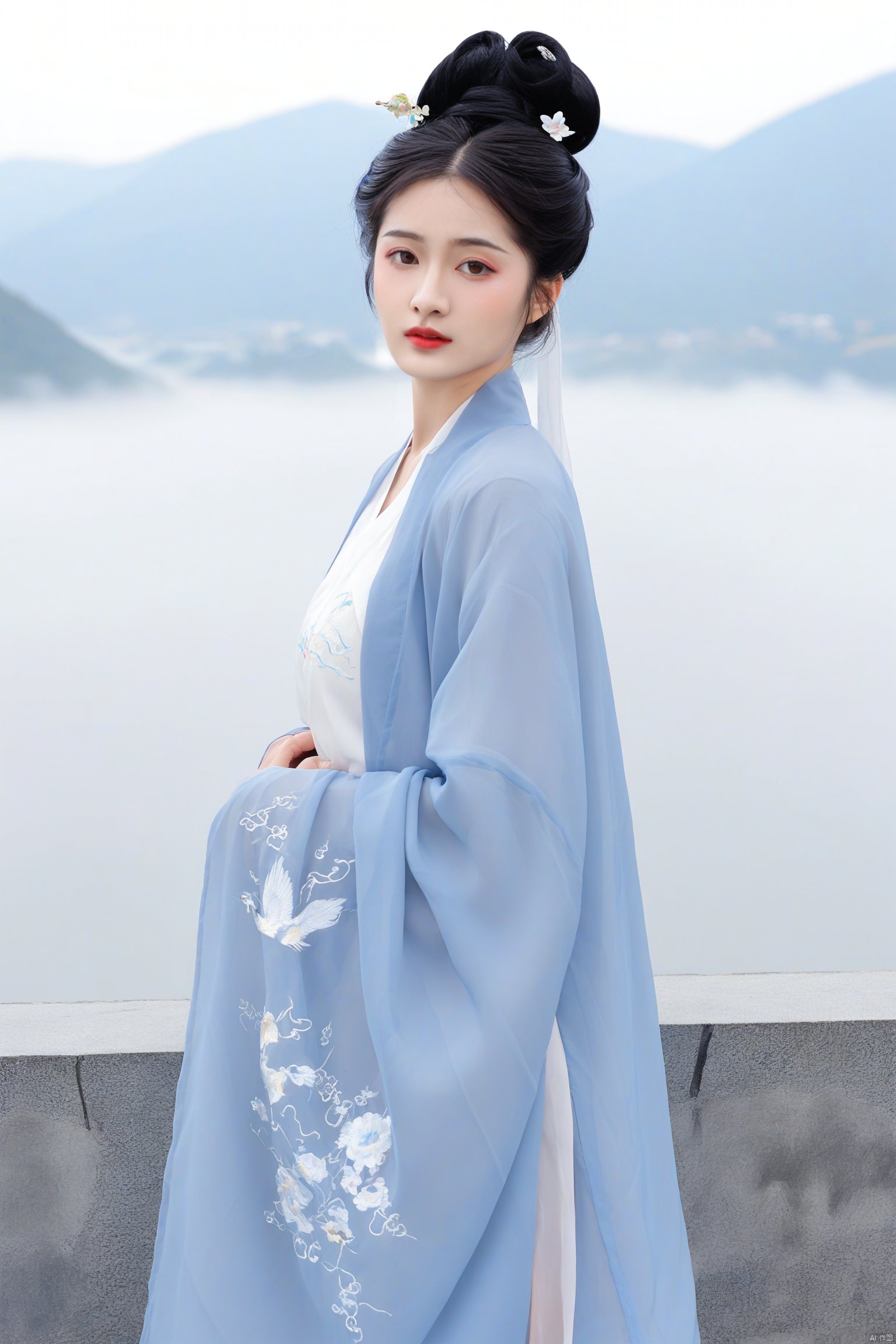 1girl
Traditional Chinese painting style
elegant woman in Hanfu
Tang dynasty
flowing blue and white hanfu with intricate floral embroidery
black hair styled in a traditional updo
delicate pose with one leg raised
serene expression
soft natural light
misty mountains in the background
ethereal and tranquil atmosphere.