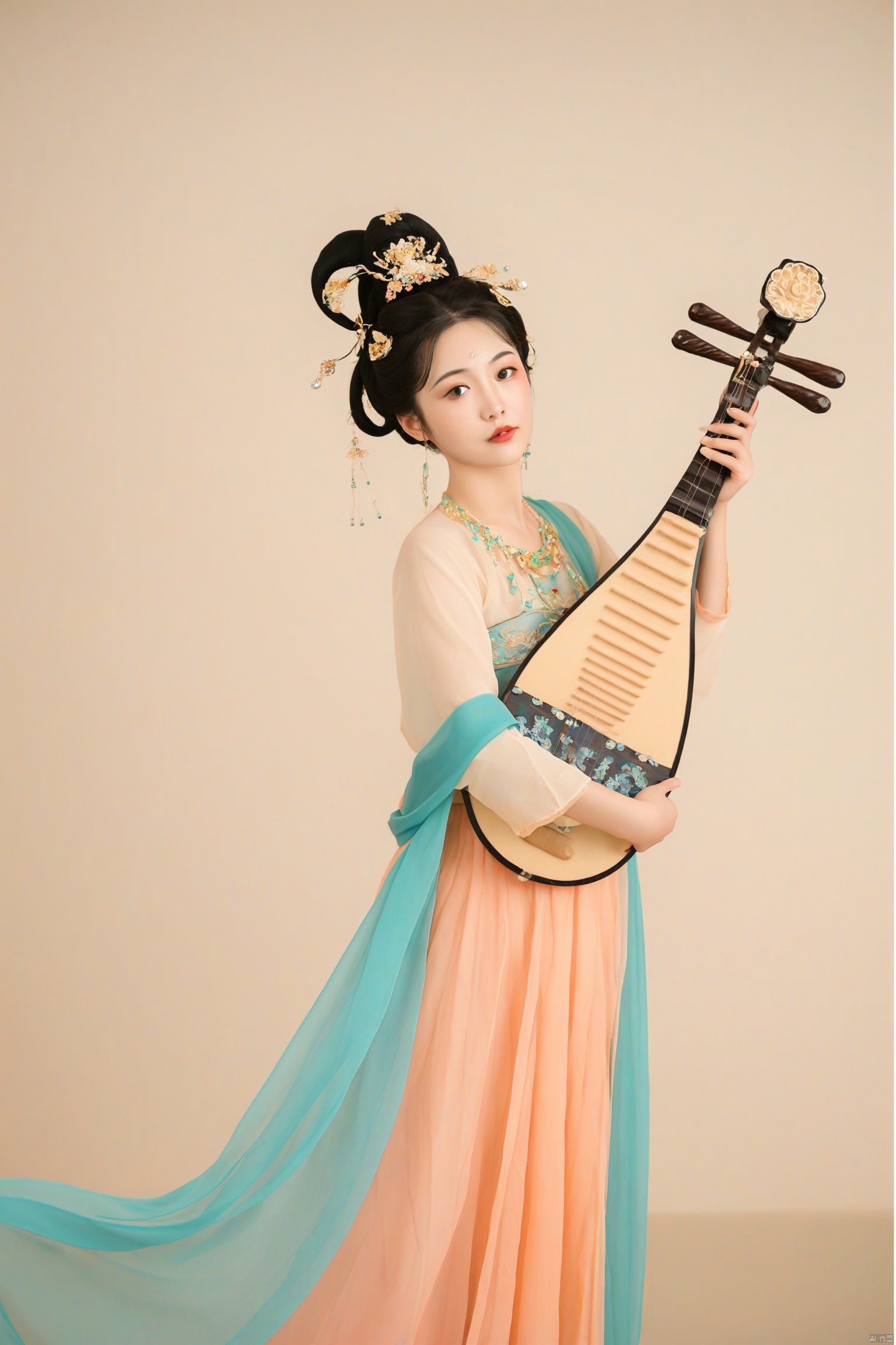 1girl
photograph
elegant woman in traditional chinese attire
tang dynasty
intricate hair ornaments
flowing pastel-colored robes
delicate makeup
dunhuang
holding a pipa
serene expression
side profile
soft pastel background
elegant and poised
cultural and historical ambiance.
