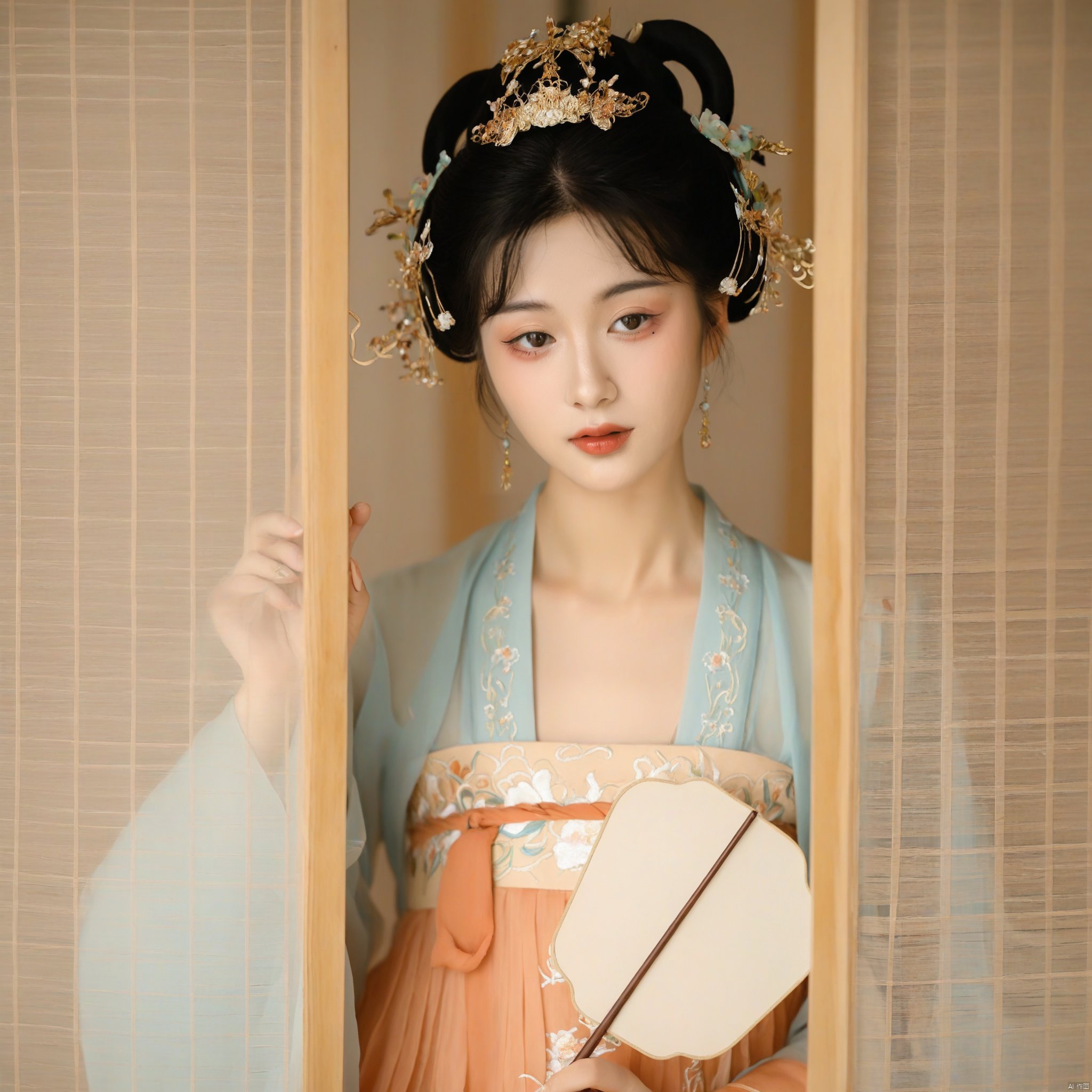 1girl
young woman in traditional Chinese attire
Tang dynasty
intricate hair ornaments
delicate floral embroidery on her dress
holding a round fan
soft lighting
serene expression
wooden background
elegant and poised demeanor
cultural and historical ambiance.
