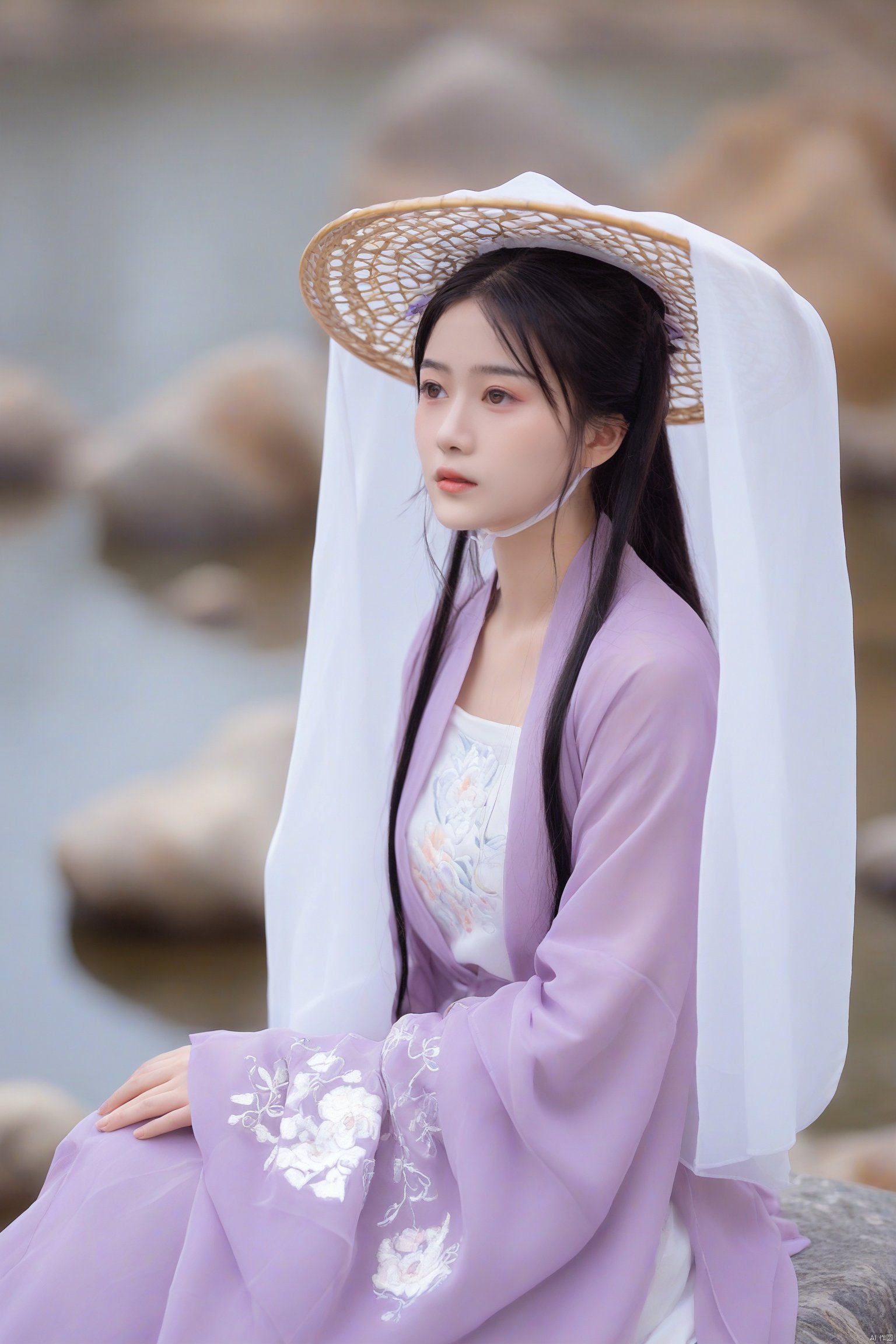 1girl
serene woman in traditional Chinese attire
standing by a tranquil lake
wearing a light purple hanfu with intricate floral embroidery
white veil
straw hat
long black hair
soft natural light
calm and contemplative mood
blurred background of rocks and water
evokes ancient Chinese dynasty ambiance