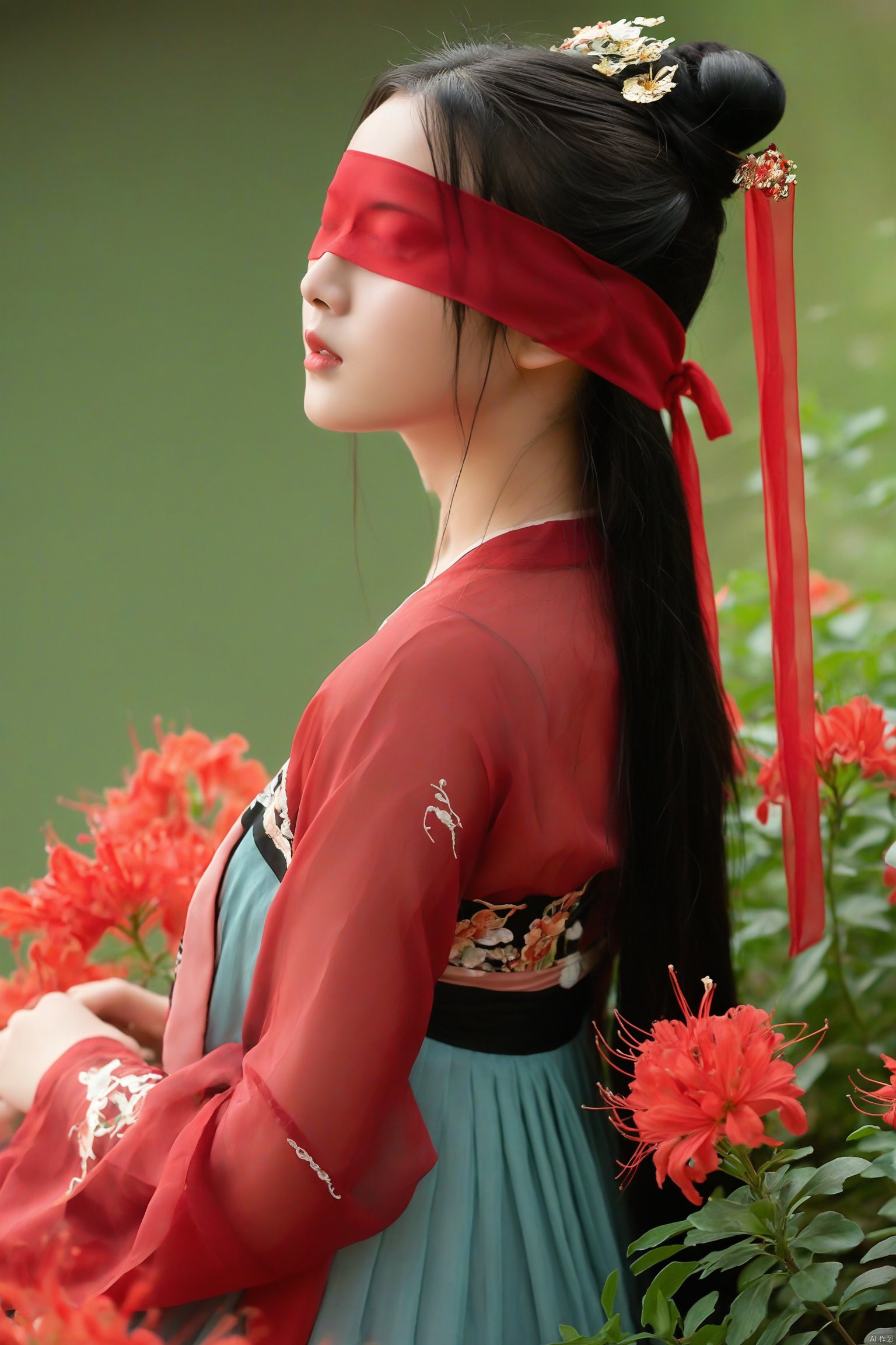 1girl
serene woman in traditional Chinese attire
red hanfu with intricate embroidery
blindfolded eyes
long black hair adorned with a hairpin
surrounded by vibrant red flowers
lush green foliage in the background
soft natural light
ethereal and tranquil atmosphere.