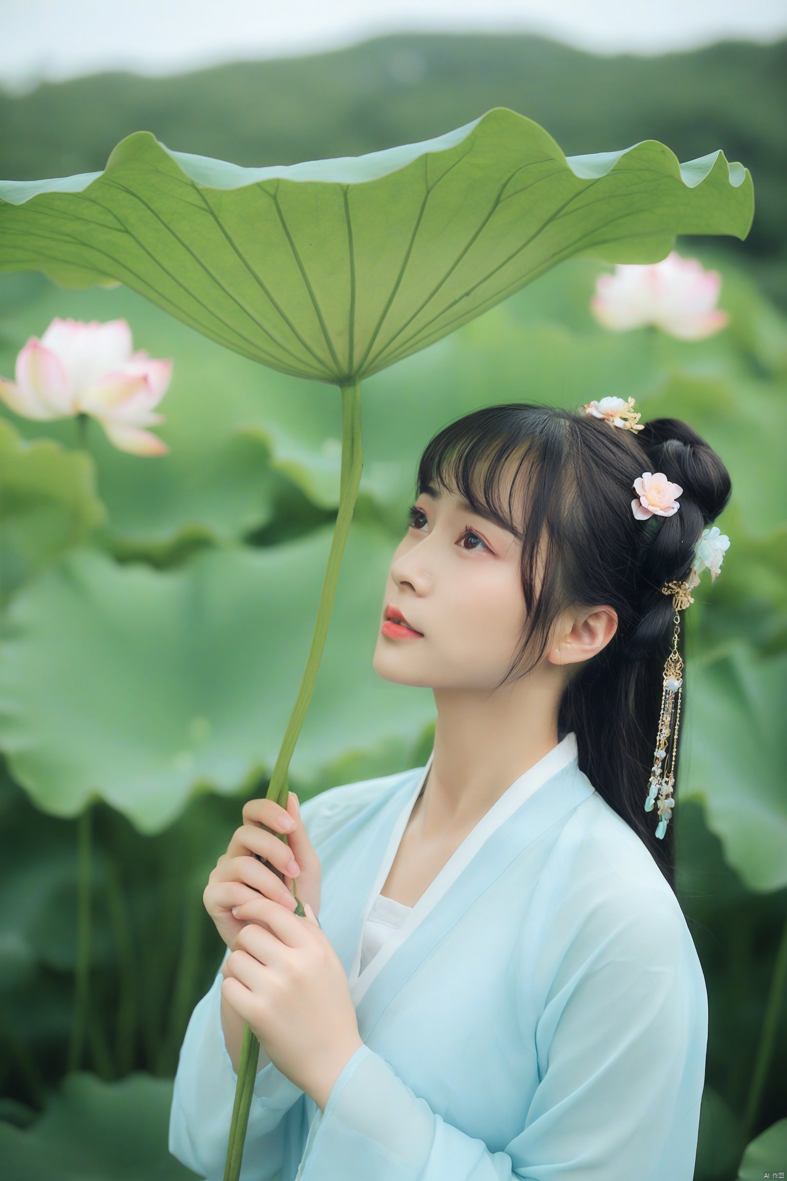 1girl
young woman in traditional Chinese attire
holding a lotus leaf
wearing a light blue robe
intricate hair ornaments
serene expression
lush green lotus leaves in the background
soft natural light
ethereal and tranquil atmosphere.
