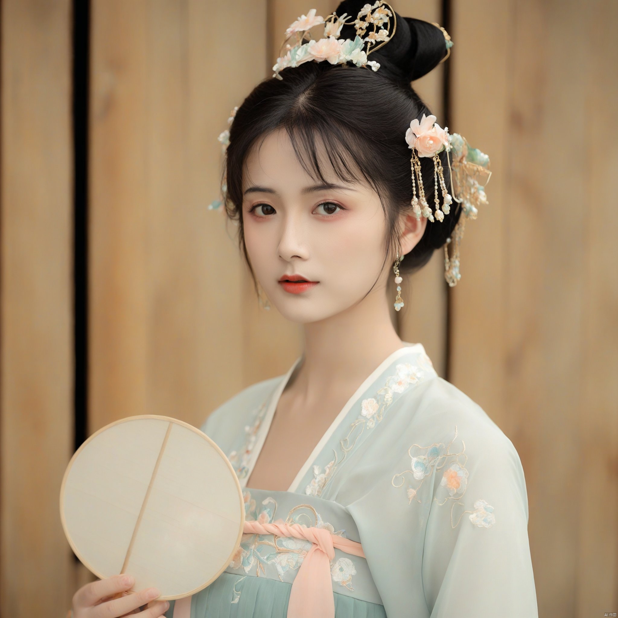 1girl
young woman in traditional Chinese attire
Tang dynasty
intricate hair ornaments
delicate floral embroidery on her dress
holding a round fan
soft lighting
serene expression
wooden background
elegant and poised demeanor
cultural and historical ambiance.
