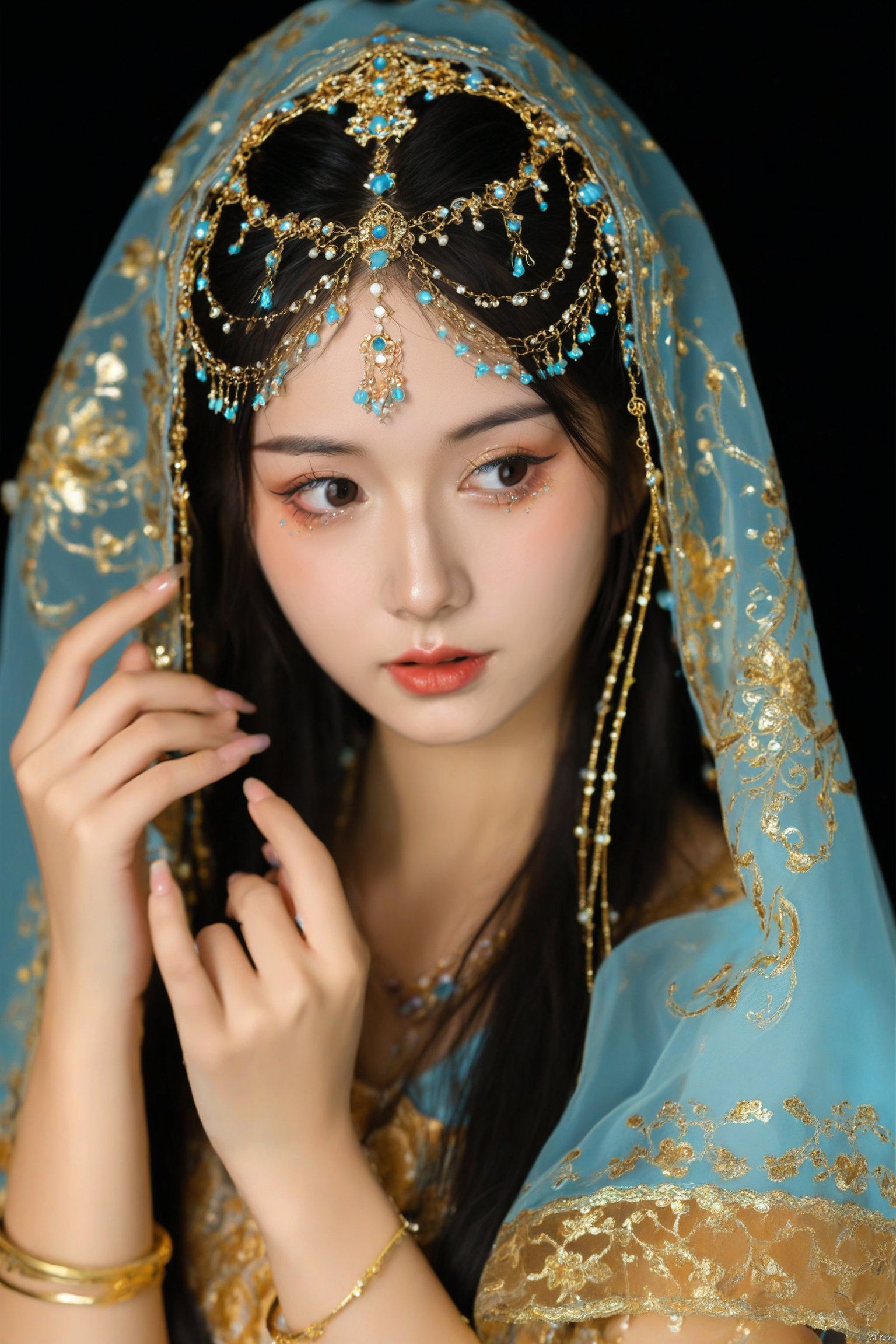 1girl
Chinese ancient style
young woman in traditional attire
intricate headdress
blue robe
gold jewelry
seated pose
dark background
serene expression
delicate hand gesture
intricate embroidery on clothing
cultural heritage
elegant and poised.Princess of the Western Regions