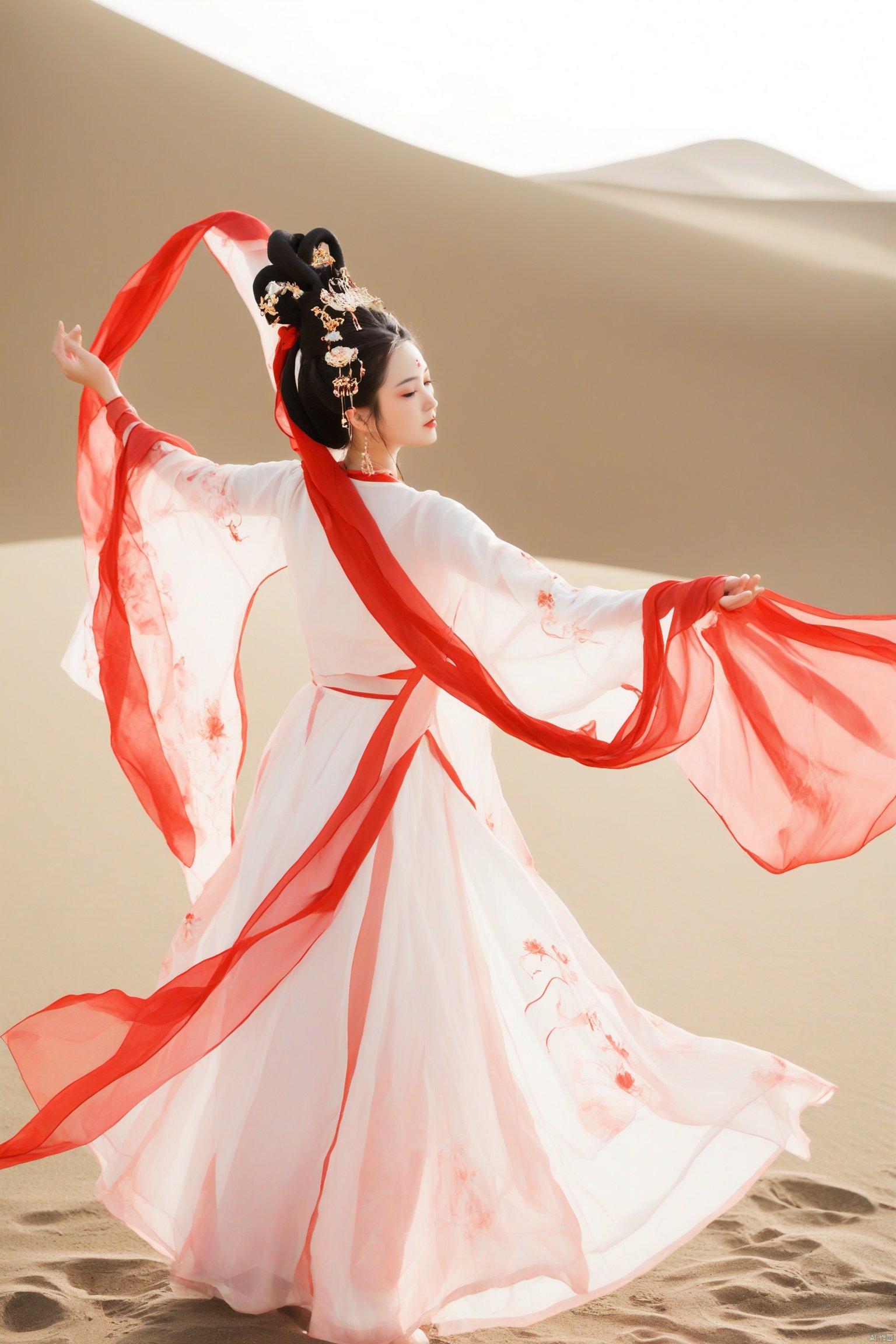 1girl
photograph
ethereal woman in traditional chinese attire
tang dynasty
flowing red and white robes
intricate hair ornaments
delicate makeup
dunhuang
serene expression
arms raised in a graceful dance pose
soft lighting
misty mountains in the background
elegant and poised
cultural and historical ambiance.
