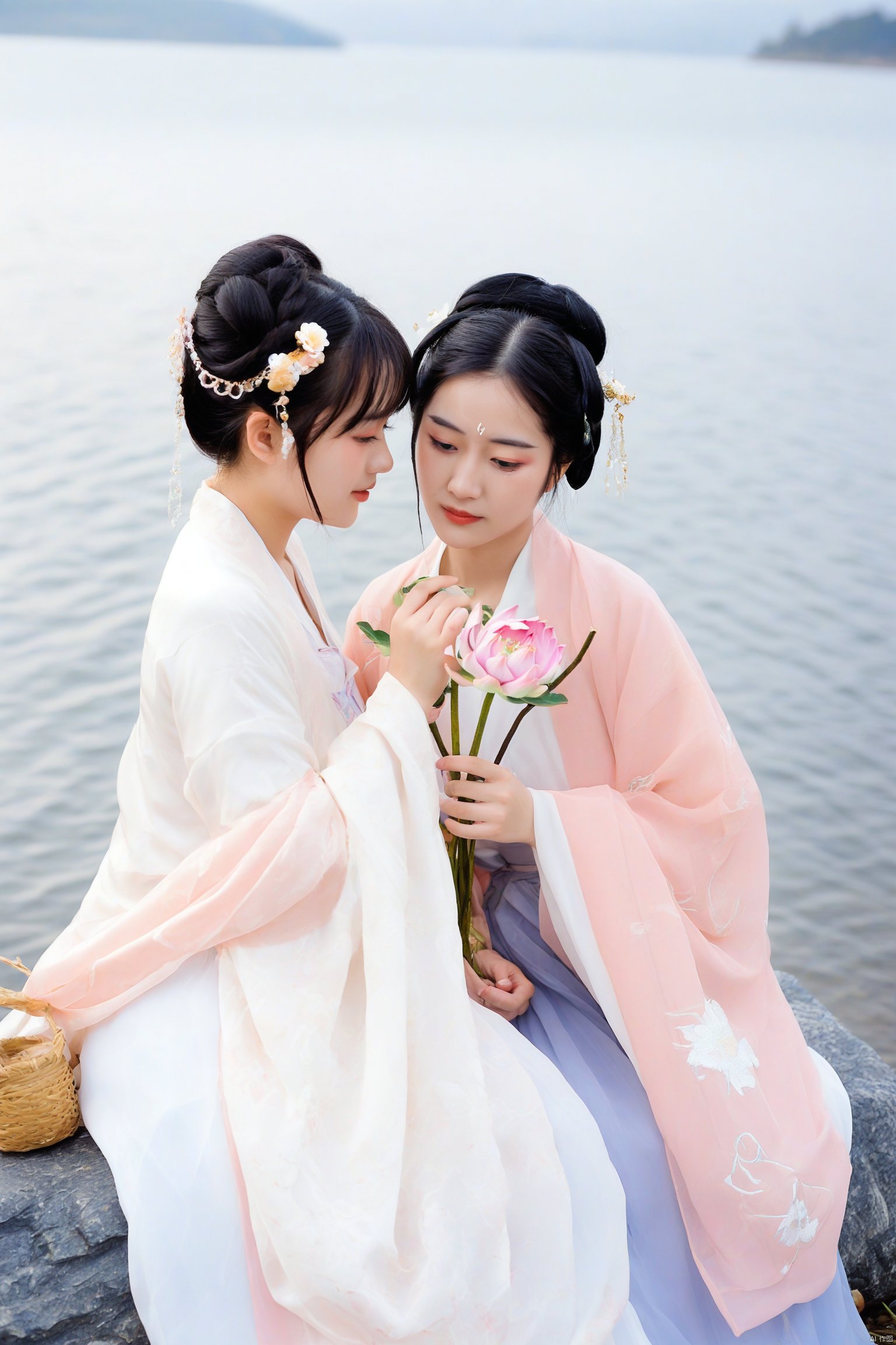 1girl
Inspired by traditional Chinese art
two women in flowing hanfu
standing by a serene lake
one holding a pink lotus flower
the other holding a basket of peonies
soft natural light
calm and contemplative mood
intricate hair ornaments
delicate floral patterns on their robes
tranquil and ethereal atmosphere.
