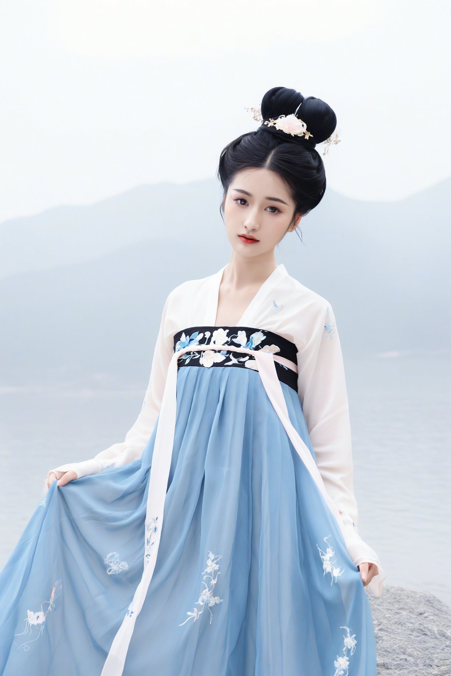 1girl
Traditional Chinese painting style
elegant woman in Hanfu
Tang dynasty
flowing blue and white hanfu with intricate floral embroidery
black hair styled in a traditional updo
delicate pose with one leg raised
serene expression
soft natural light
misty mountains in the background
ethereal and tranquil atmosphere.