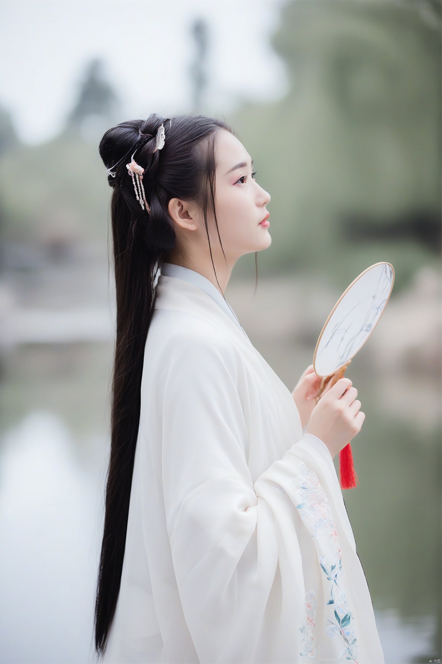 1girl Wuxia serene woman in traditional Chinese attire flowing white hanfu with intricate floral patterns long black hair adorned with hairpins holding a delicate fan soft natural light calm and contemplative mood side profile soft focus ethereal and elegant atmosphere ancient dynasty-inspired.