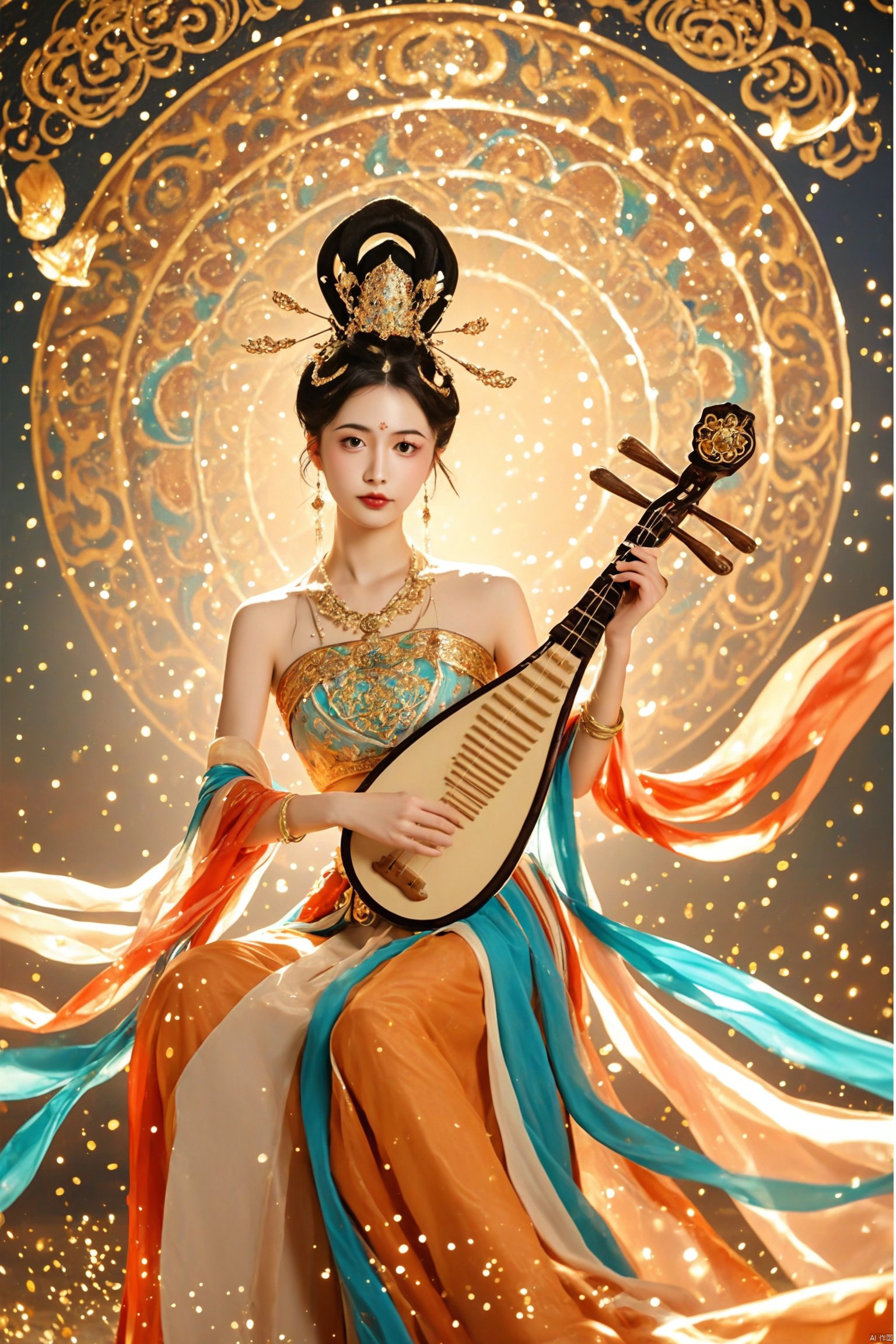 1girl
photograph
ancient chinese dynasty
woman in ornate hanfu
intricate hair ornaments
holding a pipa
ornate background with intricate patterns
dunhuang
golden sparkles
serene expression
cultural elegance
historical ambiance
vibrant colors
detailed craftsmanship
poised and graceful stance.
