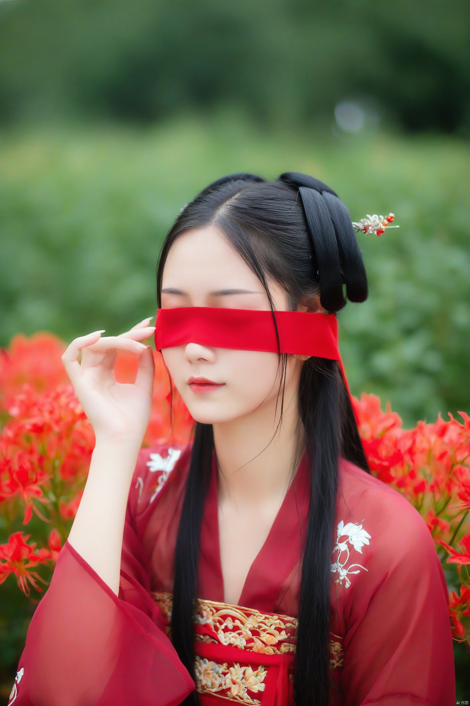 1girl
serene woman in traditional Chinese attire
red hanfu with intricate embroidery
blindfolded eyes
long black hair adorned with a hairpin
surrounded by vibrant red flowers
lush green foliage in the background
soft natural light
ethereal and tranquil atmosphere.