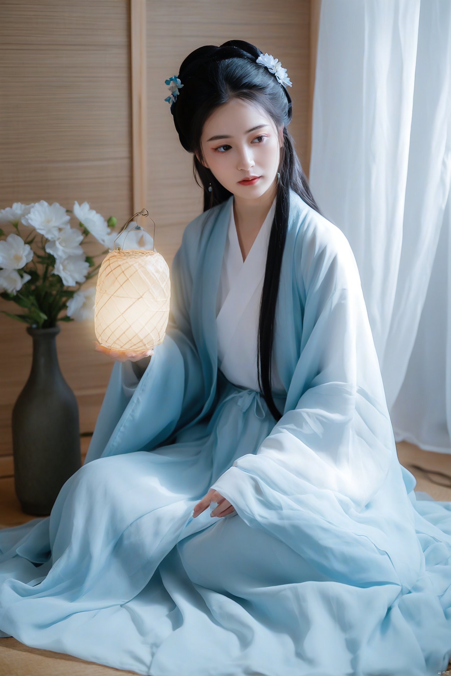 1girl
Wuxia
serene woman in traditional Chinese attire
seated on a wooden floor
holding a glowing lantern
wearing a flowing blue robe with a white veil
long black hair
soft natural light
calm and contemplative expression
delicate white flowers in a vase beside her
wooden blinds and sheer curtains in the background
ethereal and mystical ambiance