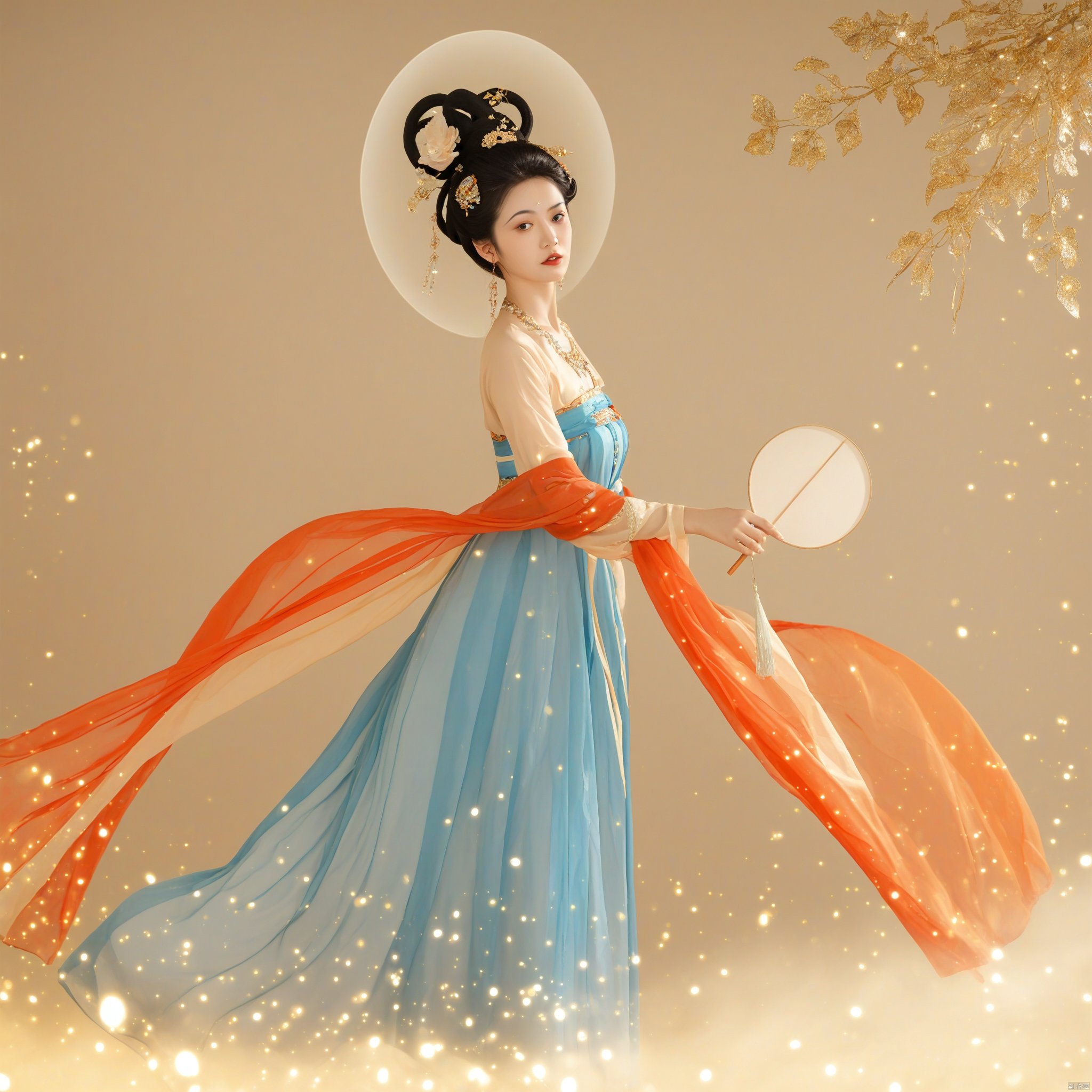 1girl
traditional chinese art style
elegant woman in ornate hanfu
tang dynasty
intricate hair ornaments
delicate makeup
holding a round fan
dunhuang
serene expression
soft lighting
ethereal atmosphere
golden sparkles
flowing robes in shades of blue and orange
poised and graceful.
