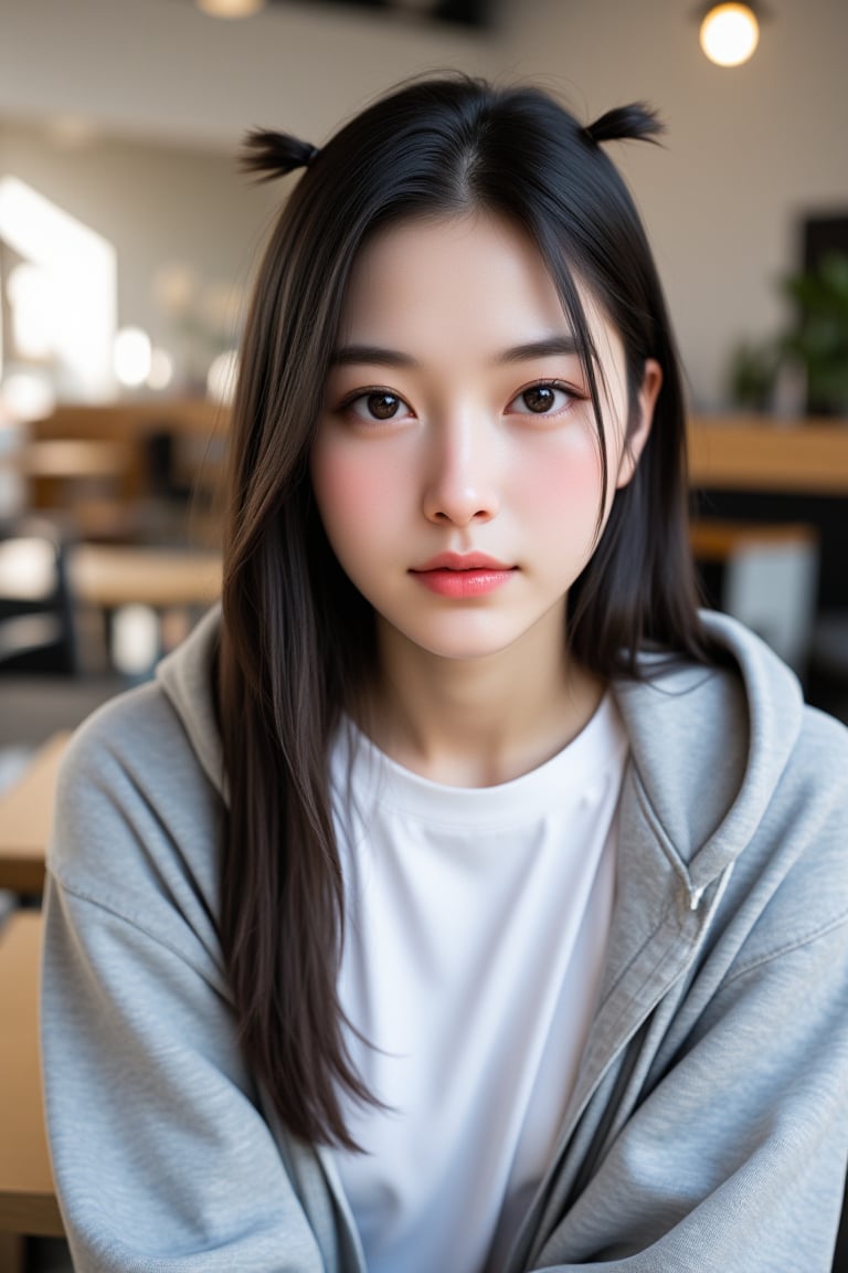 A young woman in her early 20s, Beian, wearing a grey hoodie over a white t-shirt, indoor at a contemporary cafe. She has straight dark hair with hairpins, minimal makeup, and a neutral expression. The portrait is a close-up, front-facing with a relaxed pose. The clean background and soft natural lighting create a shallow depth of field, emphasizing her modern casual attire. High-resolution image capturing her fashion-forward, modern style.