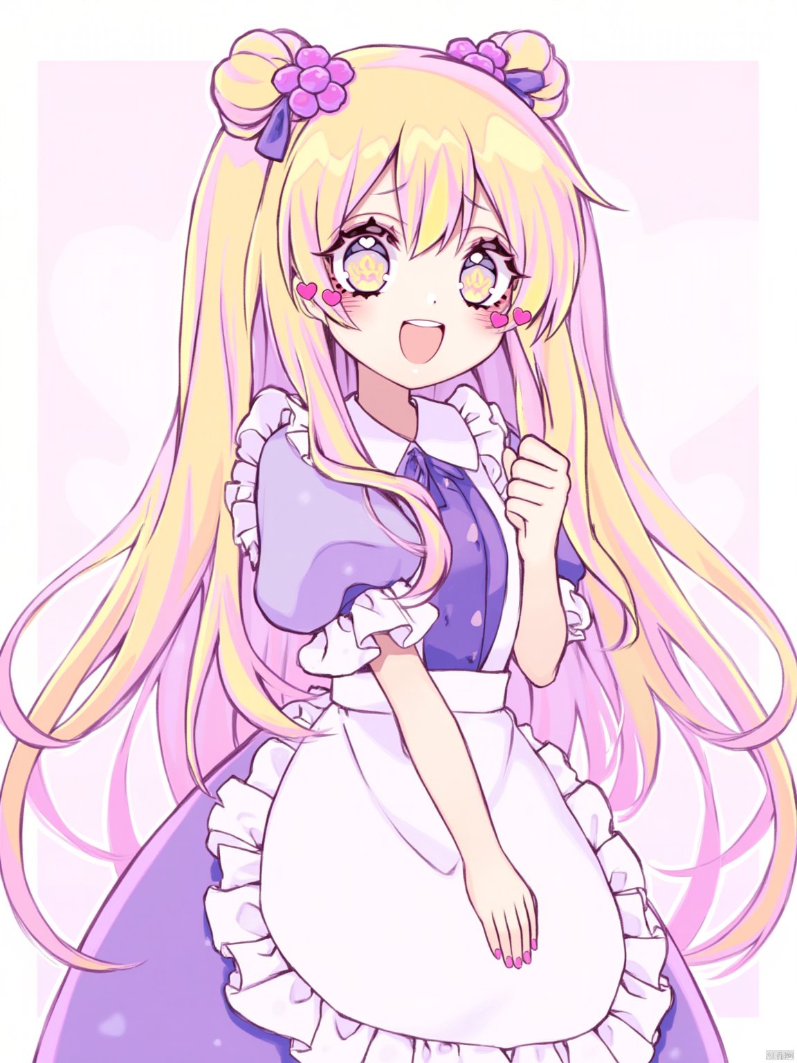  Jingtian,1girl, 

skin fang, purple dress, dress, double bun, :d, standing, looking at viewer, purple flower, twintails, ahoge, fang, multicolored hair, hair bun, very long hair, frilled apron, long hair, open mouth, frills, blonde hair, yellow eyes, streaked hair, mimikaki, smile, cowboy shot, frilled dress, puffy short sleeves, puffy sleeves, apron, blush, virtual youtuber, short sleeves, flower, hair ornament, solo, grey dress,

masterpiece, newest, absurdres, safe