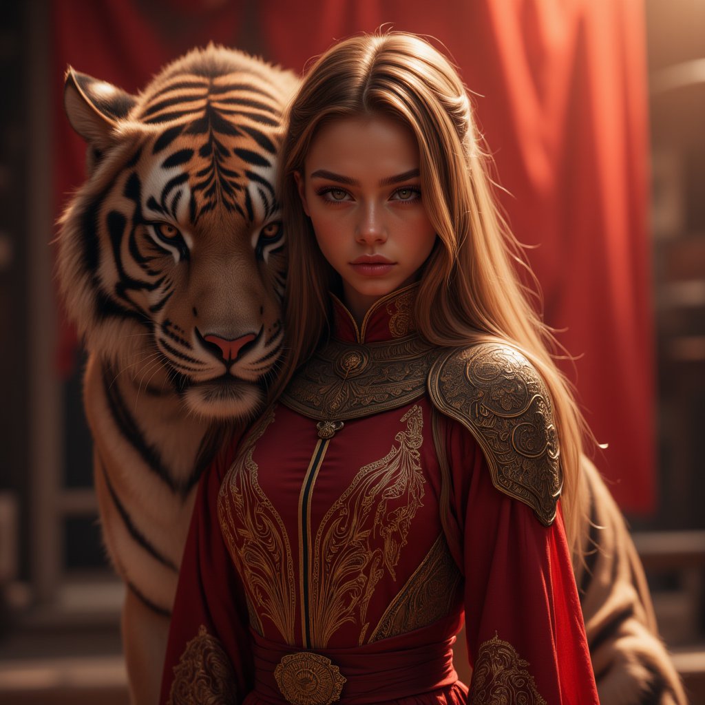 (A red and gold image of a young girl as a warrior woman, dressed in fine armor, with a large siberian tiger next to her with it's head nestled on the girl's lap, in the background of an oriental-style scene), masterpiece, HDR, depth of field, wide view, bright background, raytraced, full length body, unreal, mystical, luminous, surreal, high resolution, sharp details, with a dreamy glow, translucent, beautiful, stunning, a mythical being exuding energy, textures, breathtaking beauty, pure perfection, with a divine presence, unforgettable, and impressive. photogenicLDG